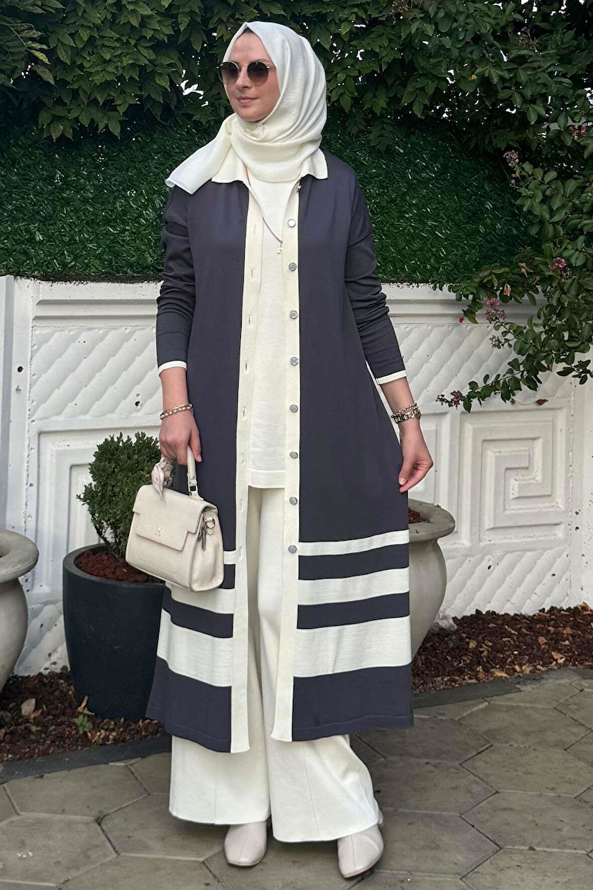 İmge Çizgili Triko Hırka Antrasit