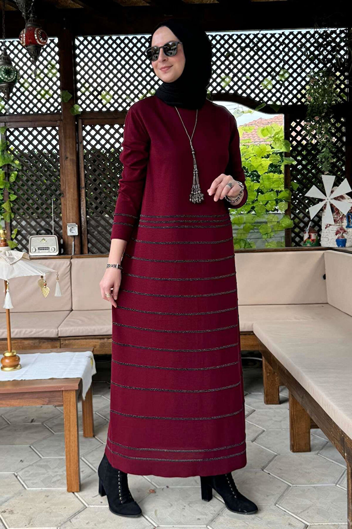Nisan Simli Triko Elbise Bordo