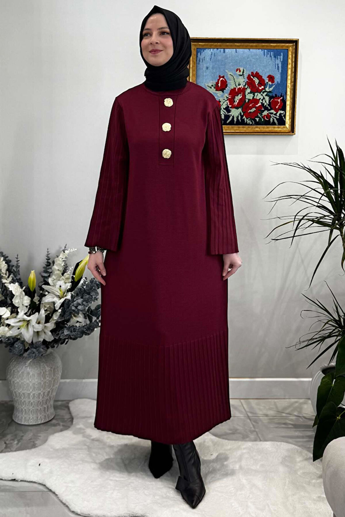 Banu Broşlu Triko Elbise Bordo