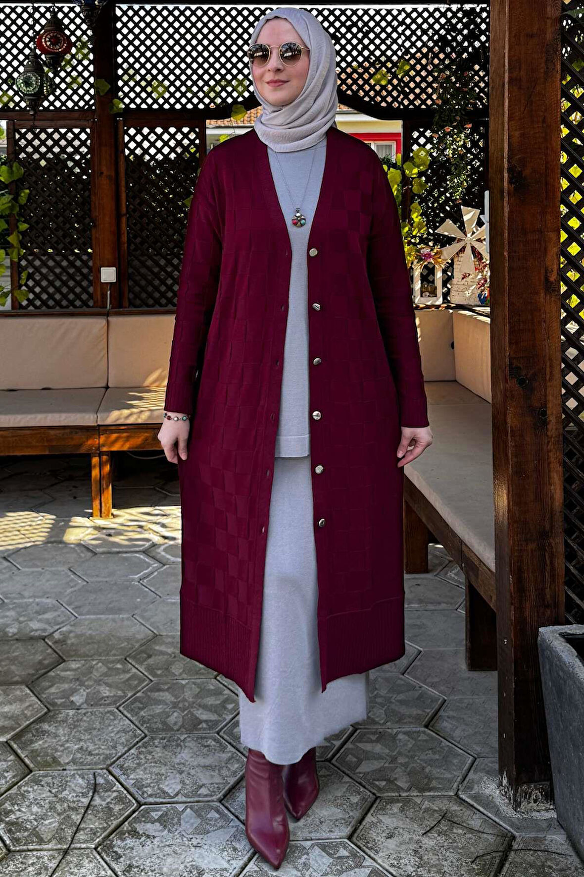 Dama Desenli Triko Hırka Bordo