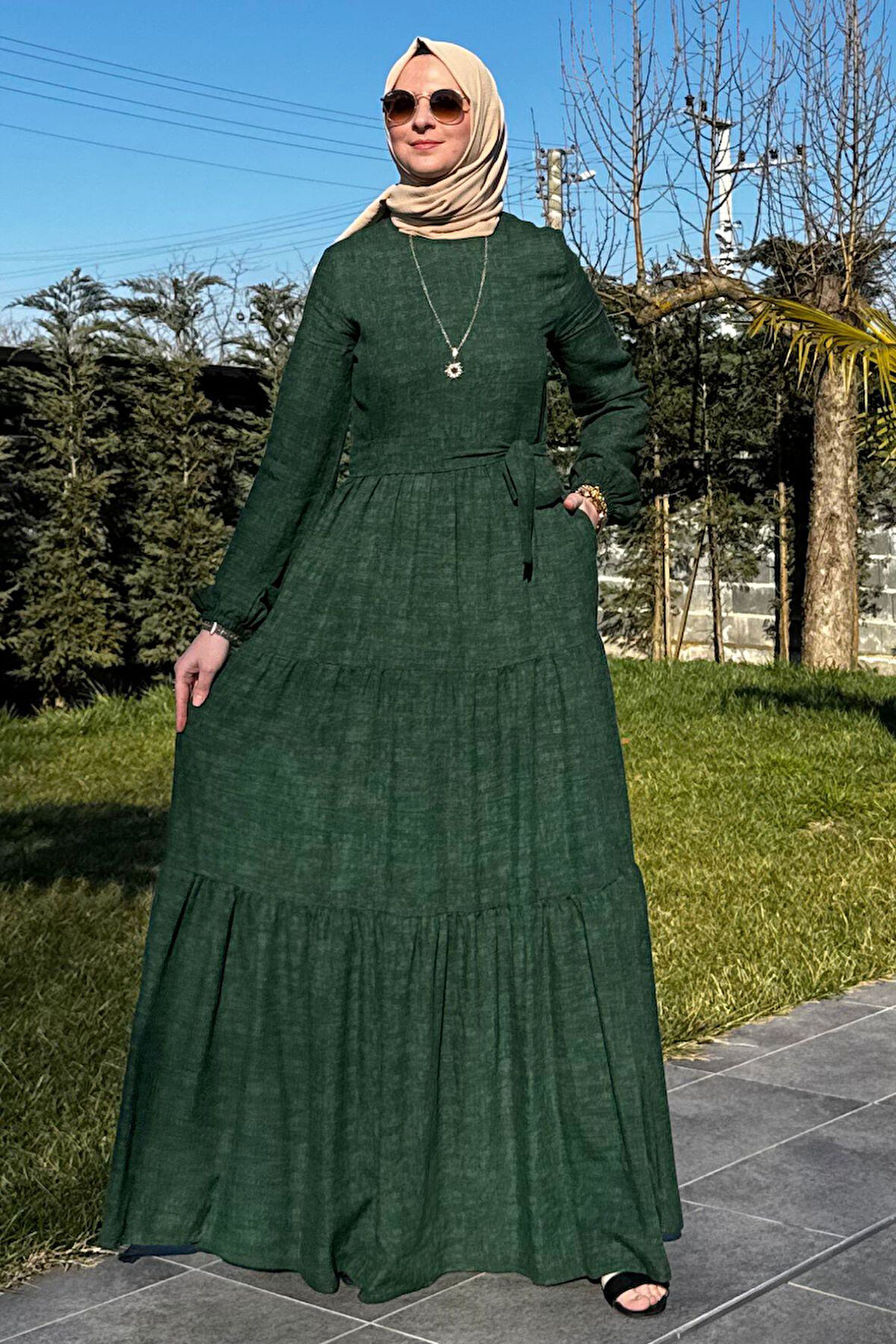 Kot Efektli Elbise Yeşil