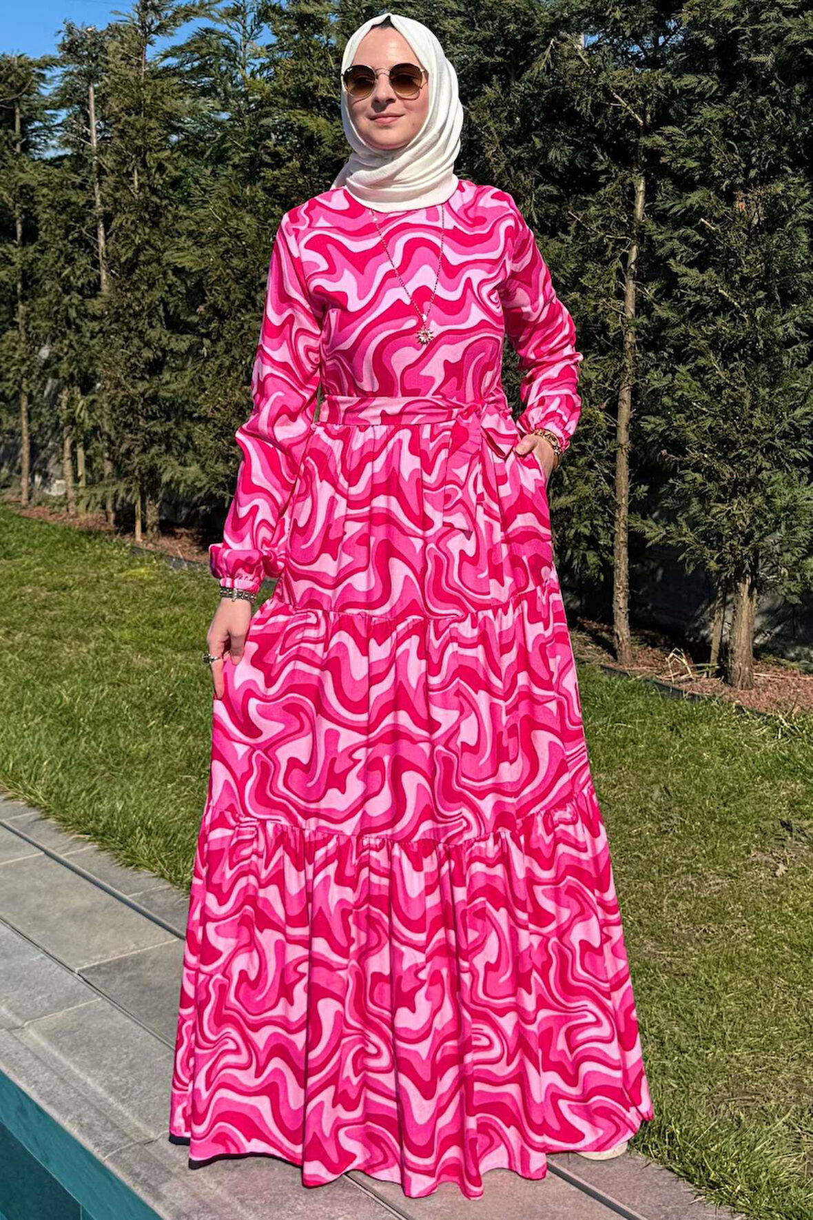 Su Desenli Elbise Pembe