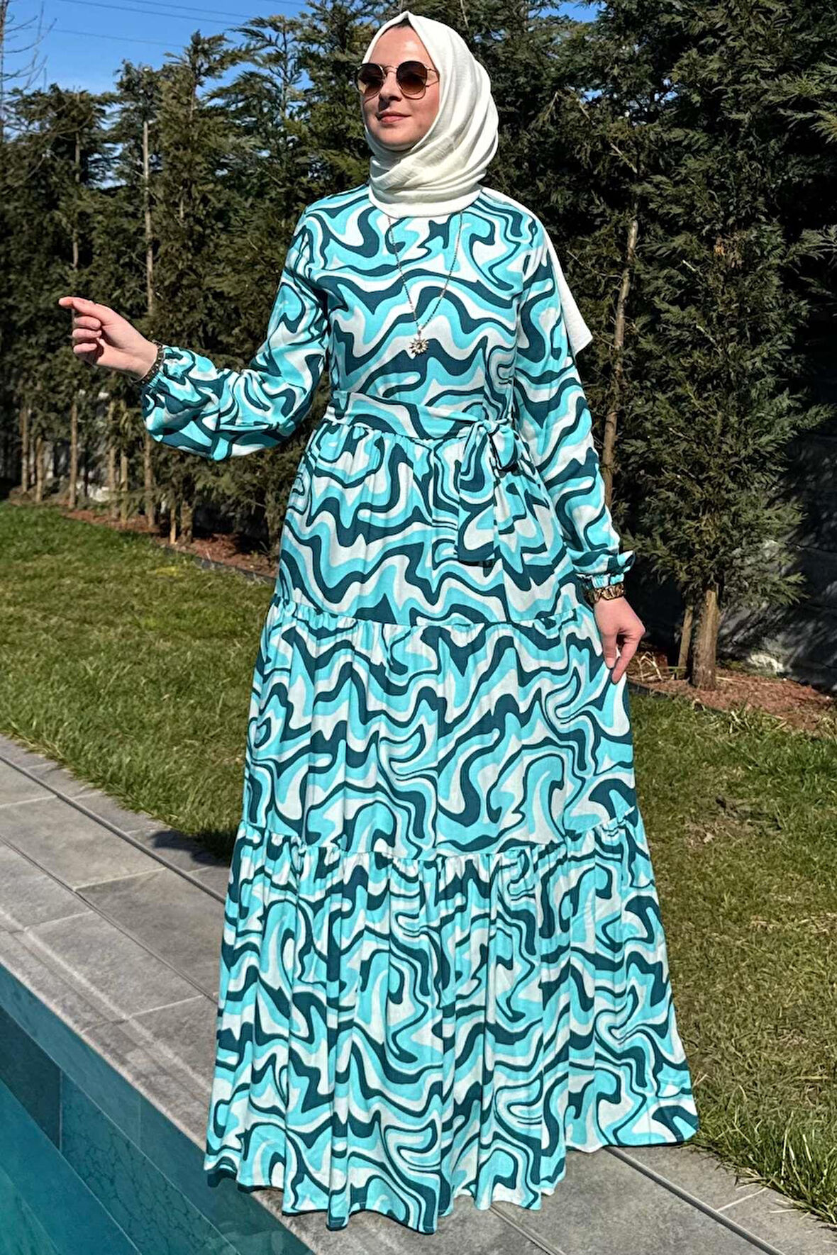 Su Desenli Elbise Turkuaz