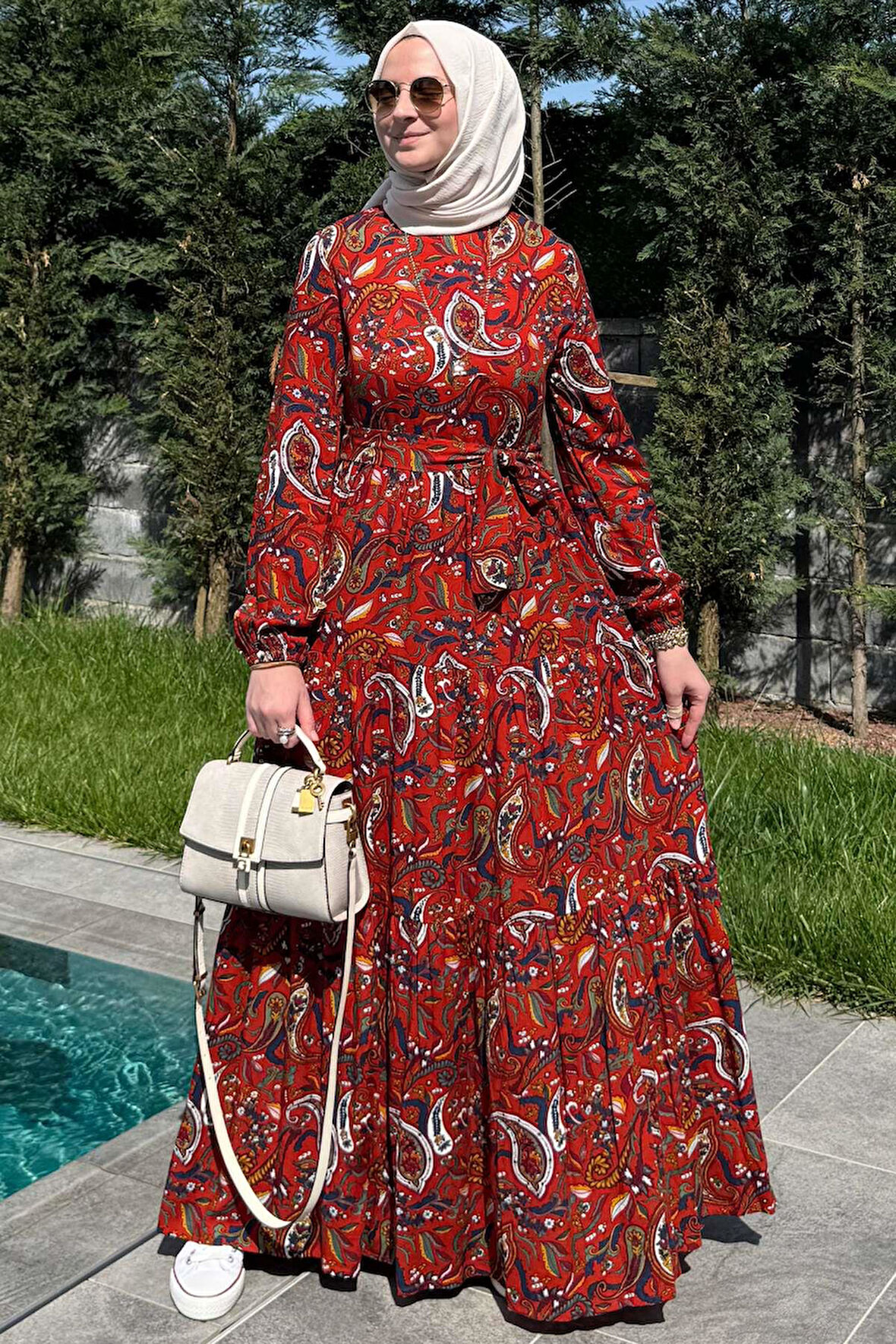 Şal Desenli Elbise Kiremit