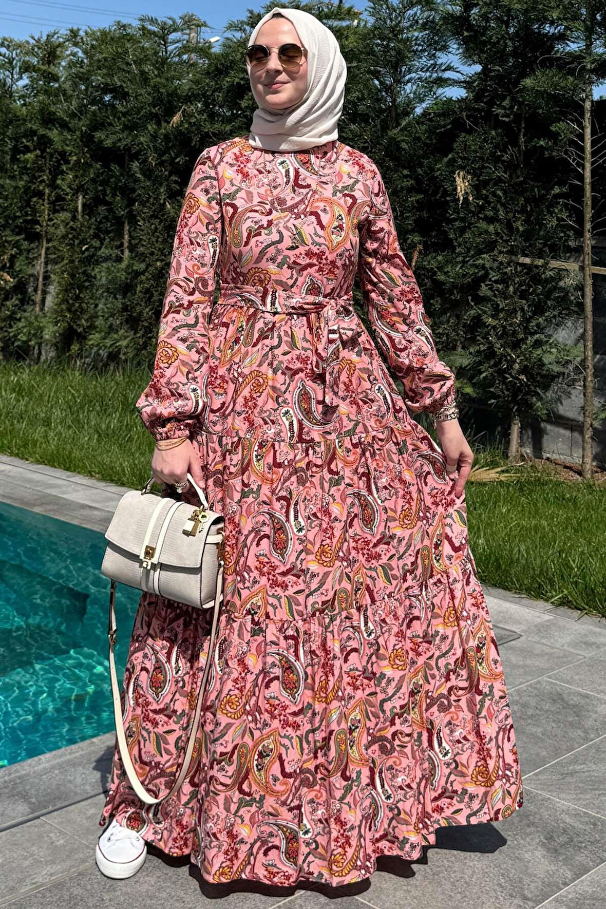 Şal Desenli Elbise Somon