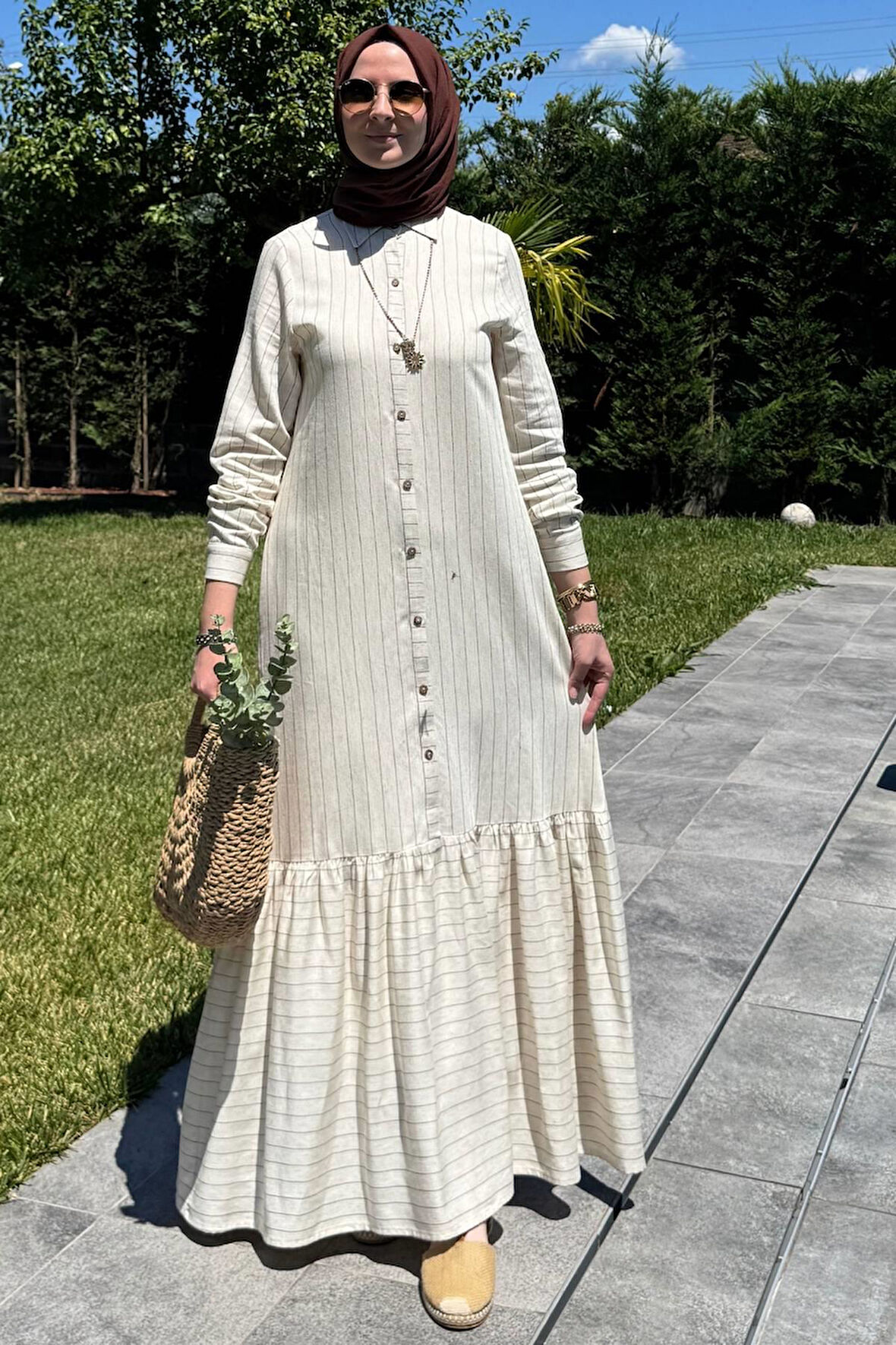 Süreyya Çizgili Gömlek Elbise Kahve