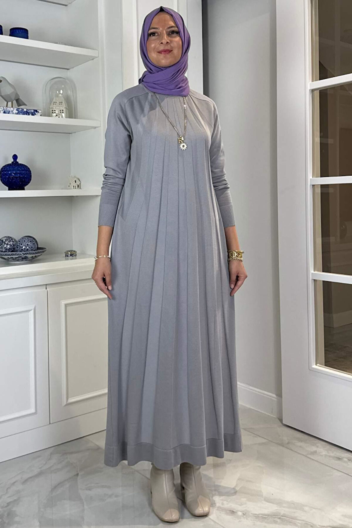 Beyza Fitilli Triko Elbise Gri