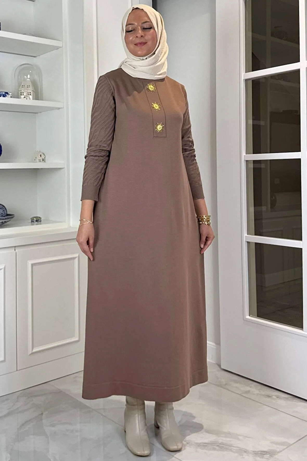 Güneş Triko Elbise Sütlü Kahve