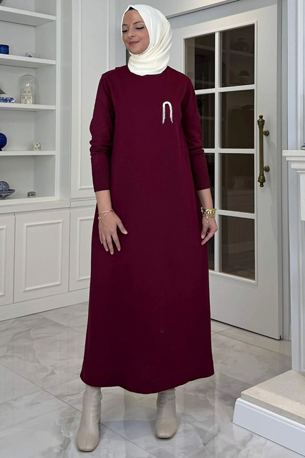 Gözde Broşlu Triko Elbise Bordo