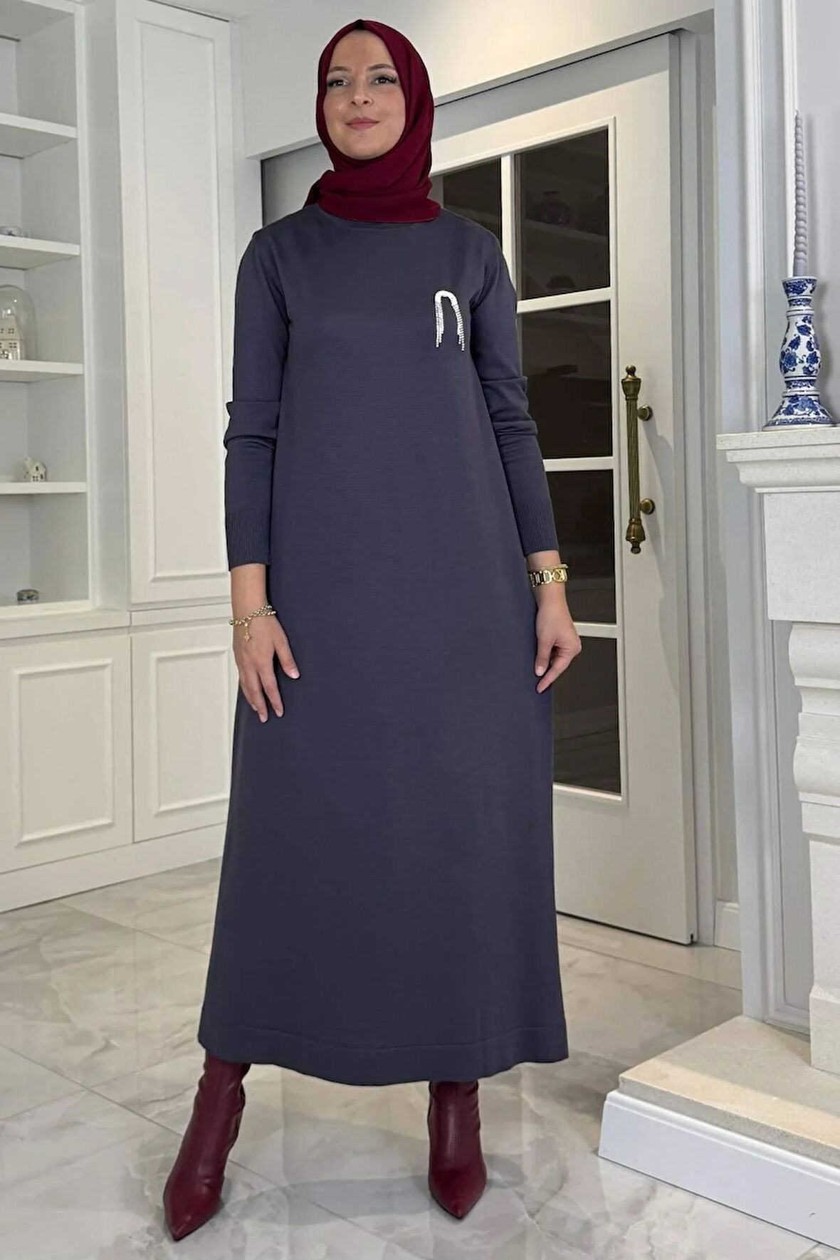 Gözde Broşlu Triko Elbise Antrasit