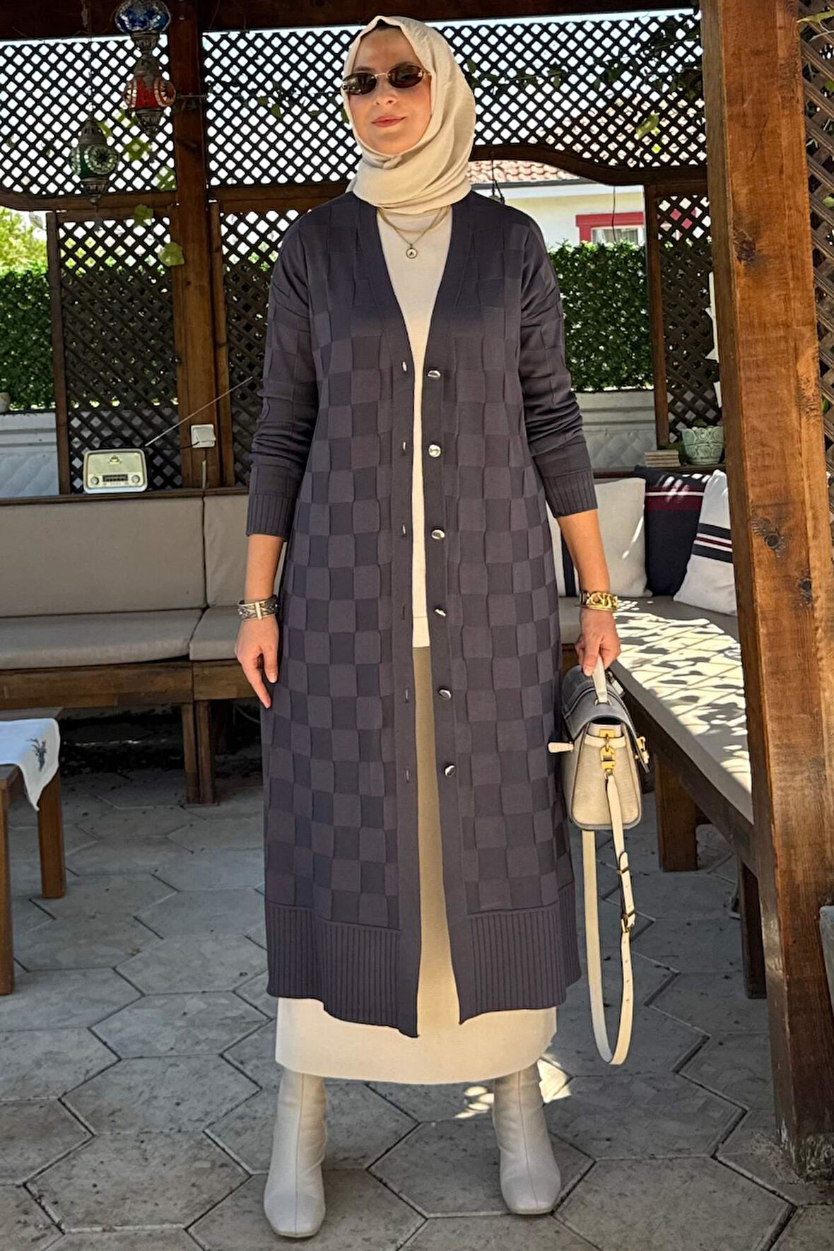 Dama Desenli Triko Hırka Antrasit