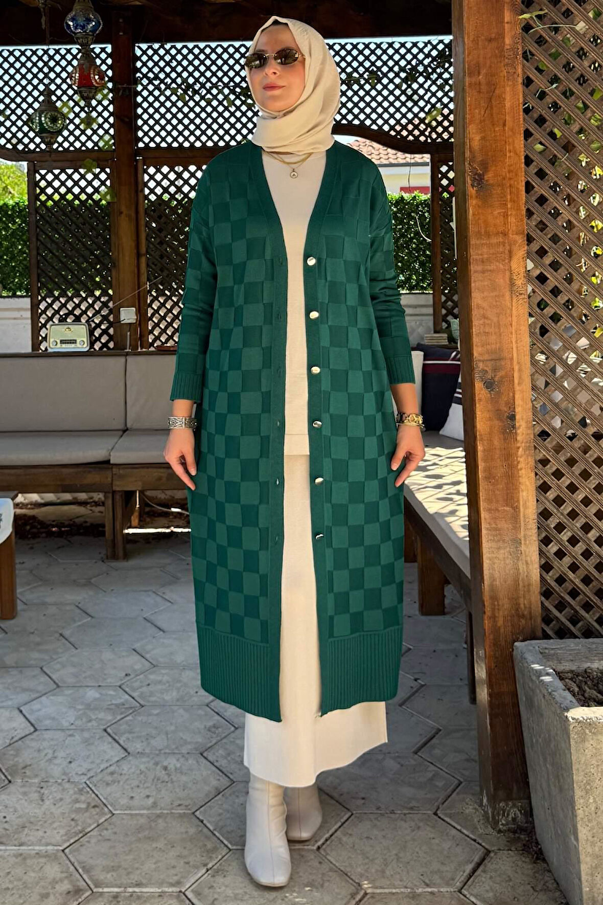 Dama Desenli Triko Hırka Zümrüt