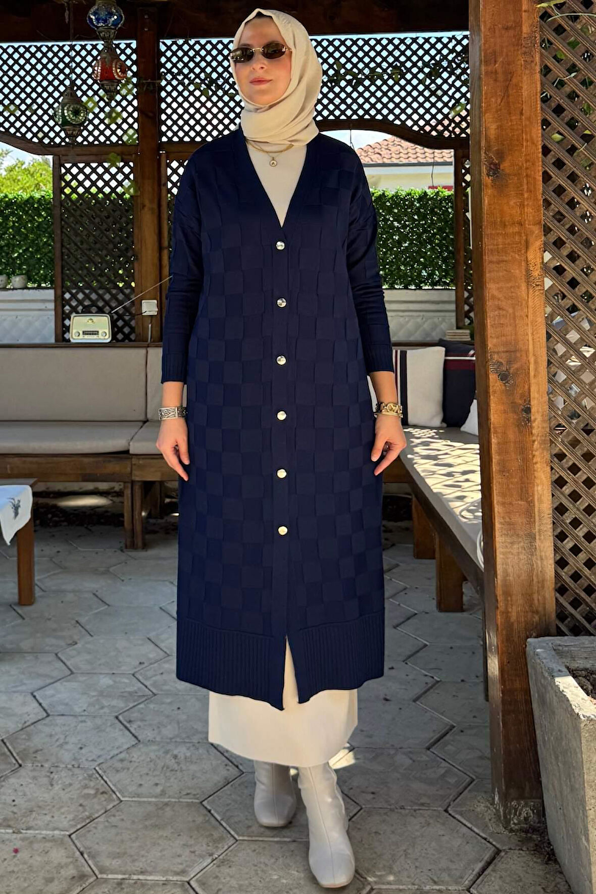 Dama Desenli Triko Hırka Lacivert