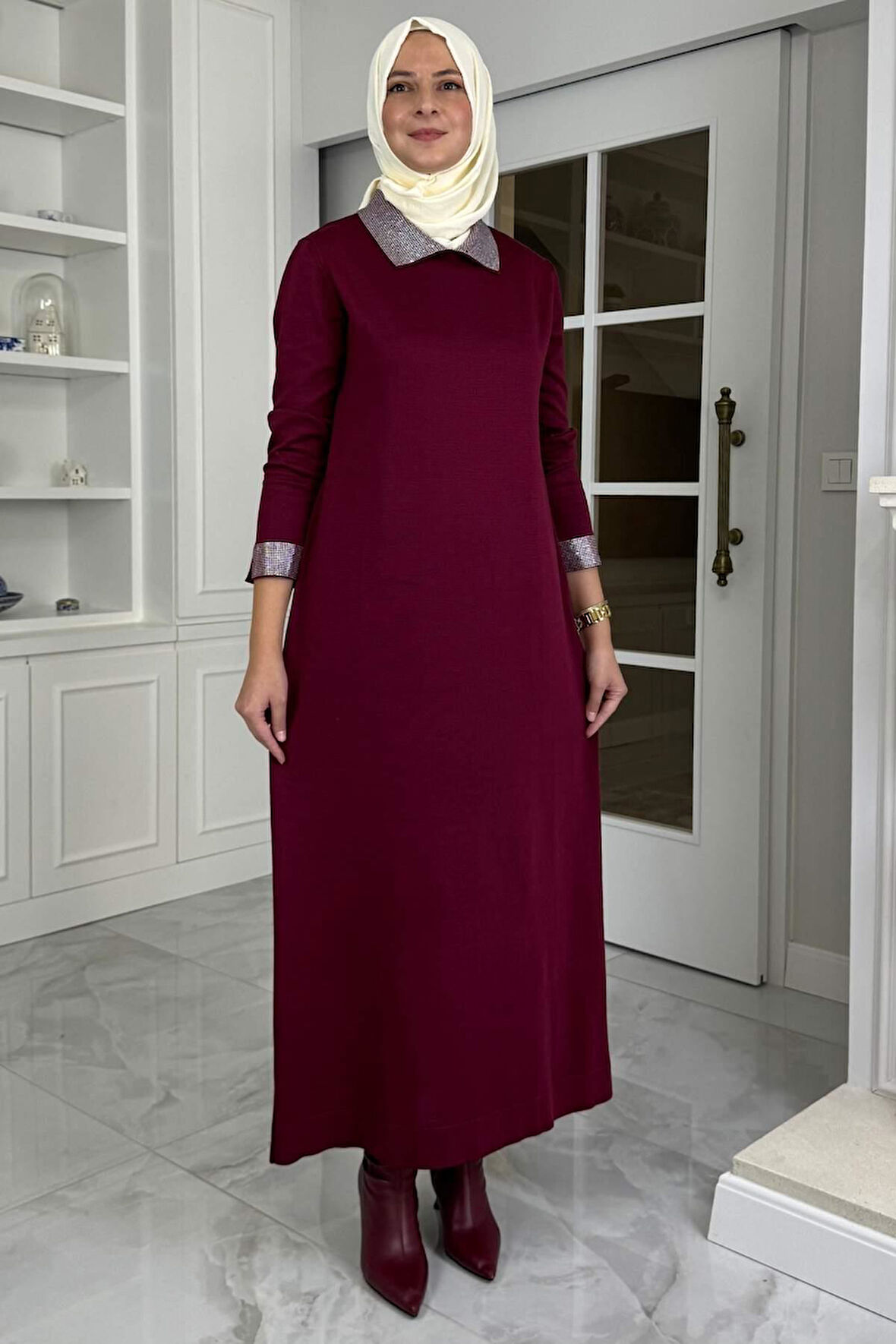 Pera Taşlı Triko Elbise Bordo