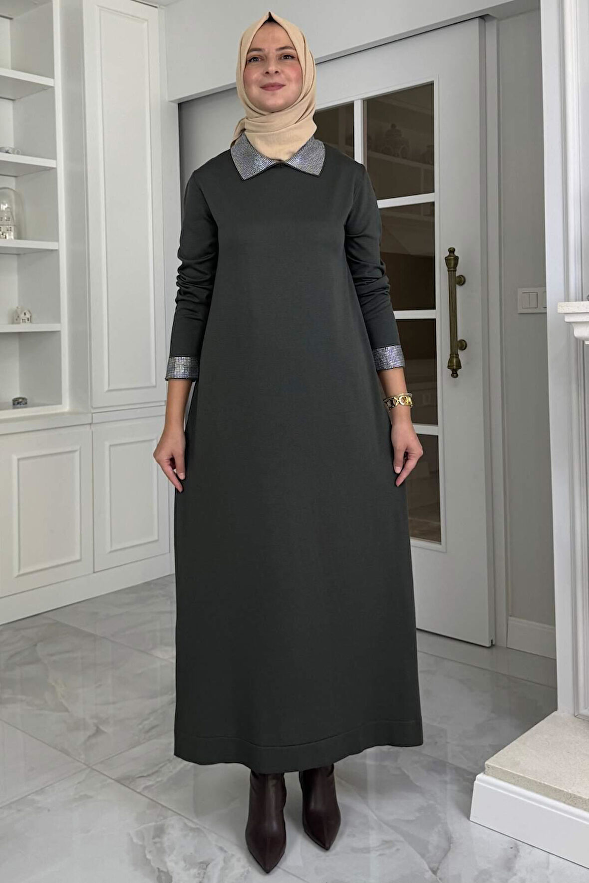 Pera Taşlı Triko Elbise Haki