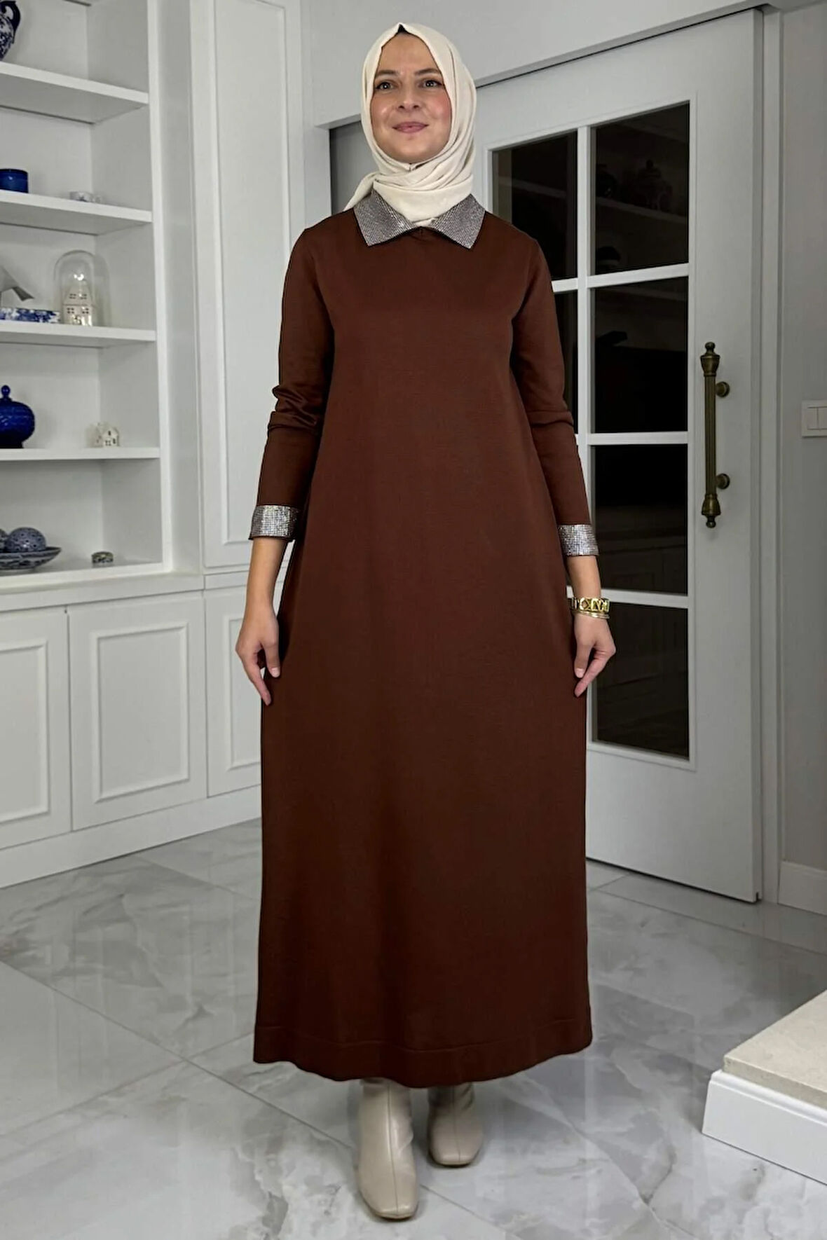 Pera Taşlı Triko Elbise Kahve