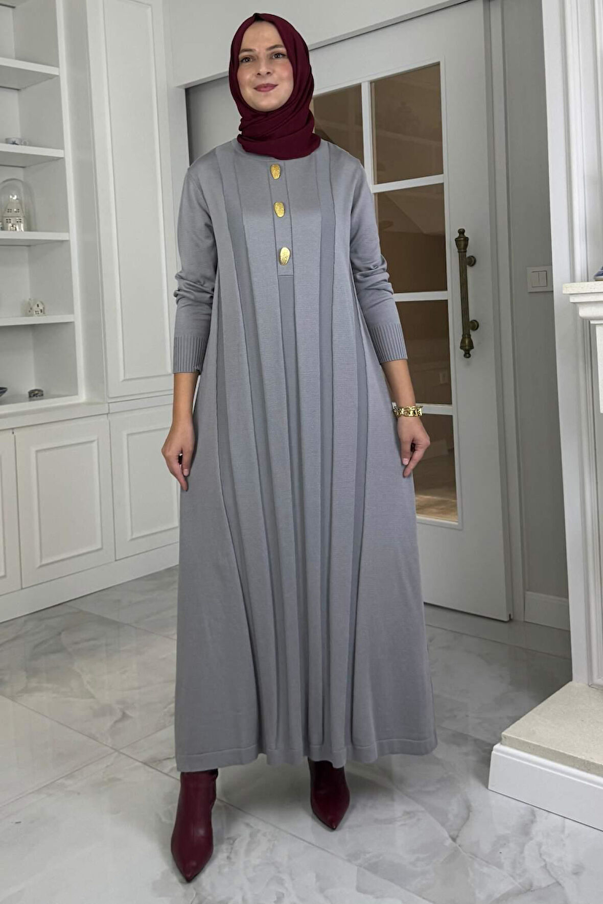 Yaprak Triko Elbise Gri