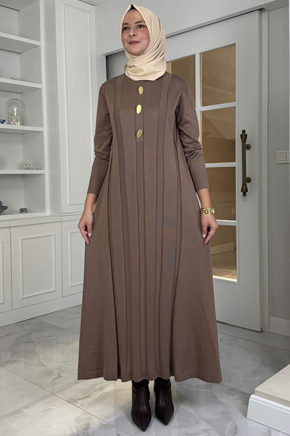 Yaprak Triko Elbise Sütlü Kahve