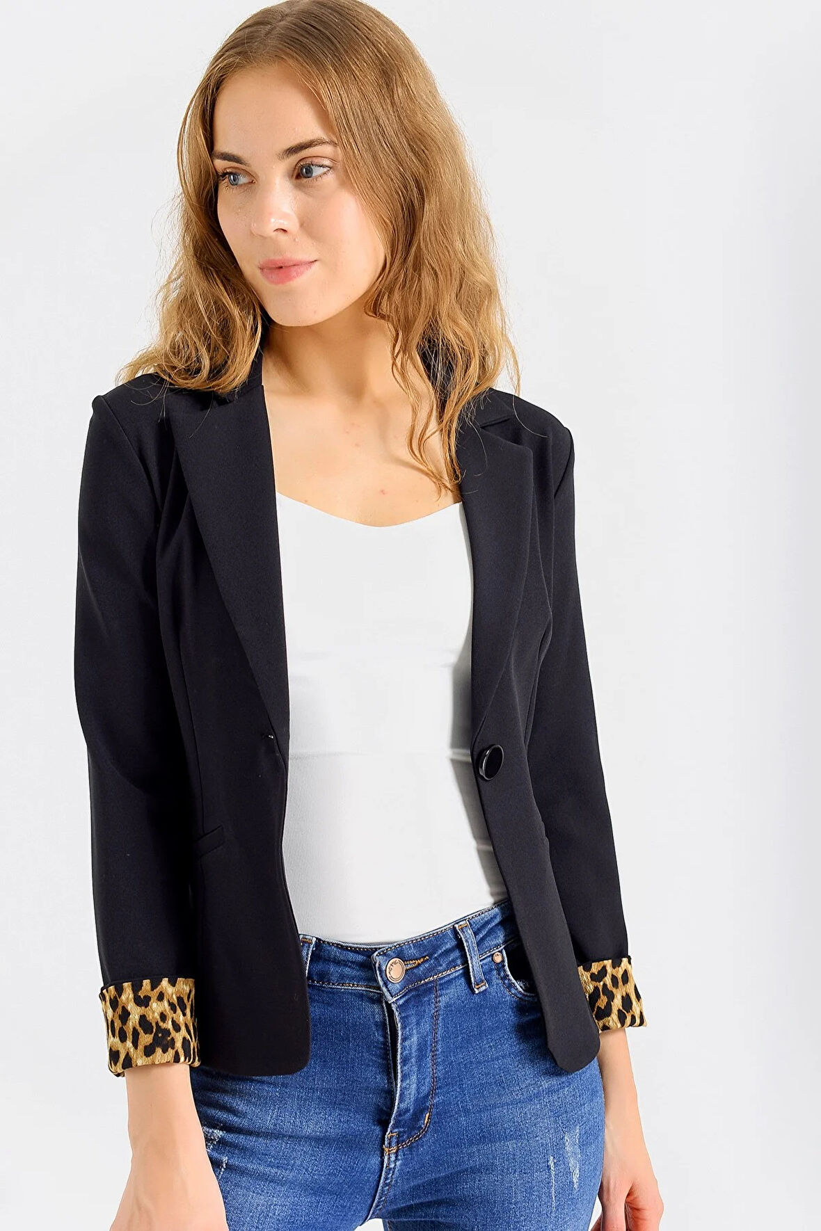 Yakalı Flato Cepli Kolu Duble Uzun Kol Ofis Şık Blazer Kumaş Ceket-Siyah