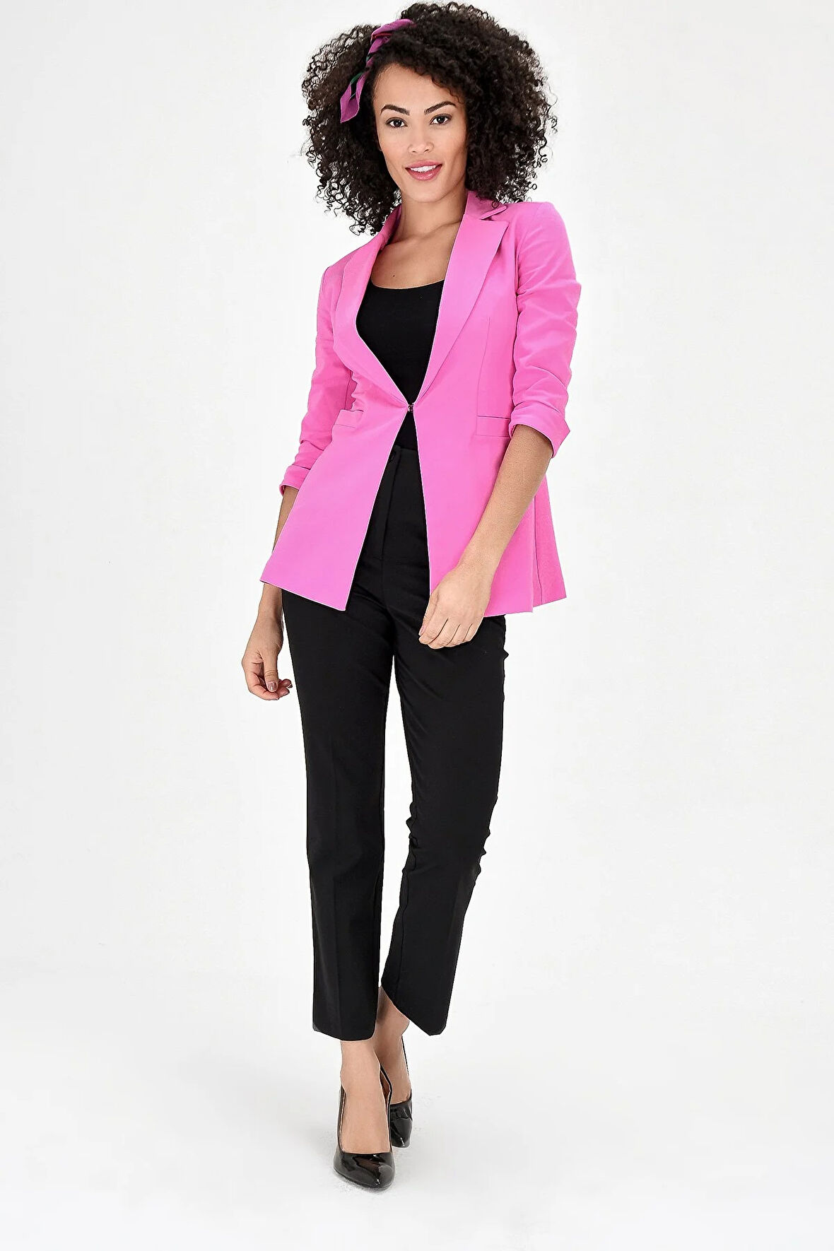 Kapri Truvakar Kol Süs Cepli Kopçalı Ofis Blazer Kumaş Ceket-Pembe