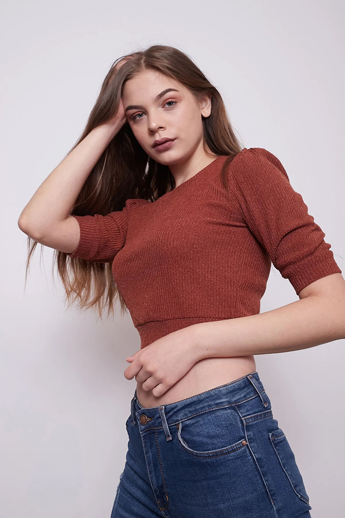 Kadın Sıfır Yaka Dirsek Üstü Kol Detaylı Şık Simli Crop Top Kısa Triko-Kiremit