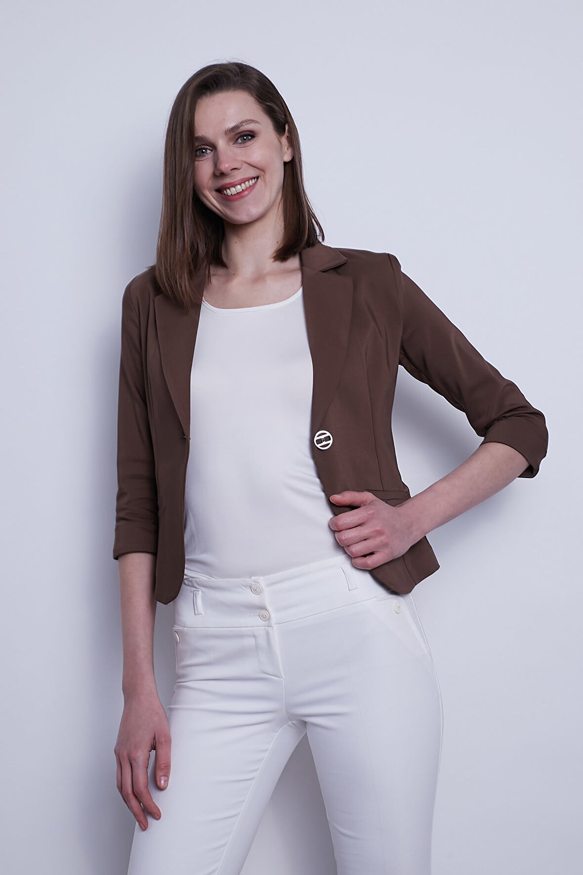 Yakalı Flato Cepli Capri Truvakar Kol Kısa Blazer Ceket-Kahve