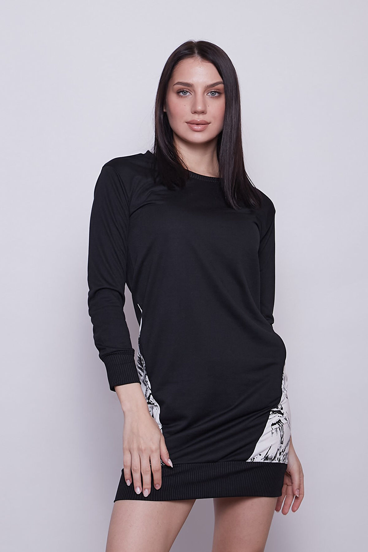 Kadın Sıfır Yaka Cep Detaylı Uzun Kol Sweat Elbise -Siyah