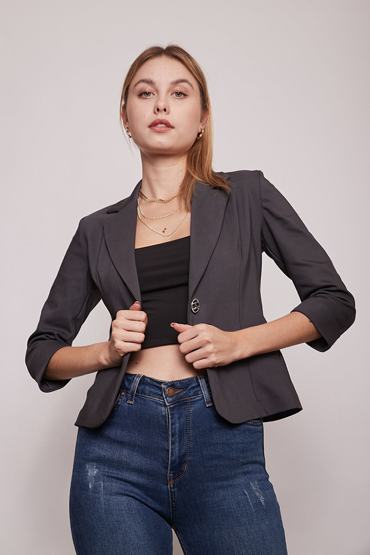 Yakalı Flato Cepli Capri Truvakar Kol Kısa Blazer Ceket-Antrasit