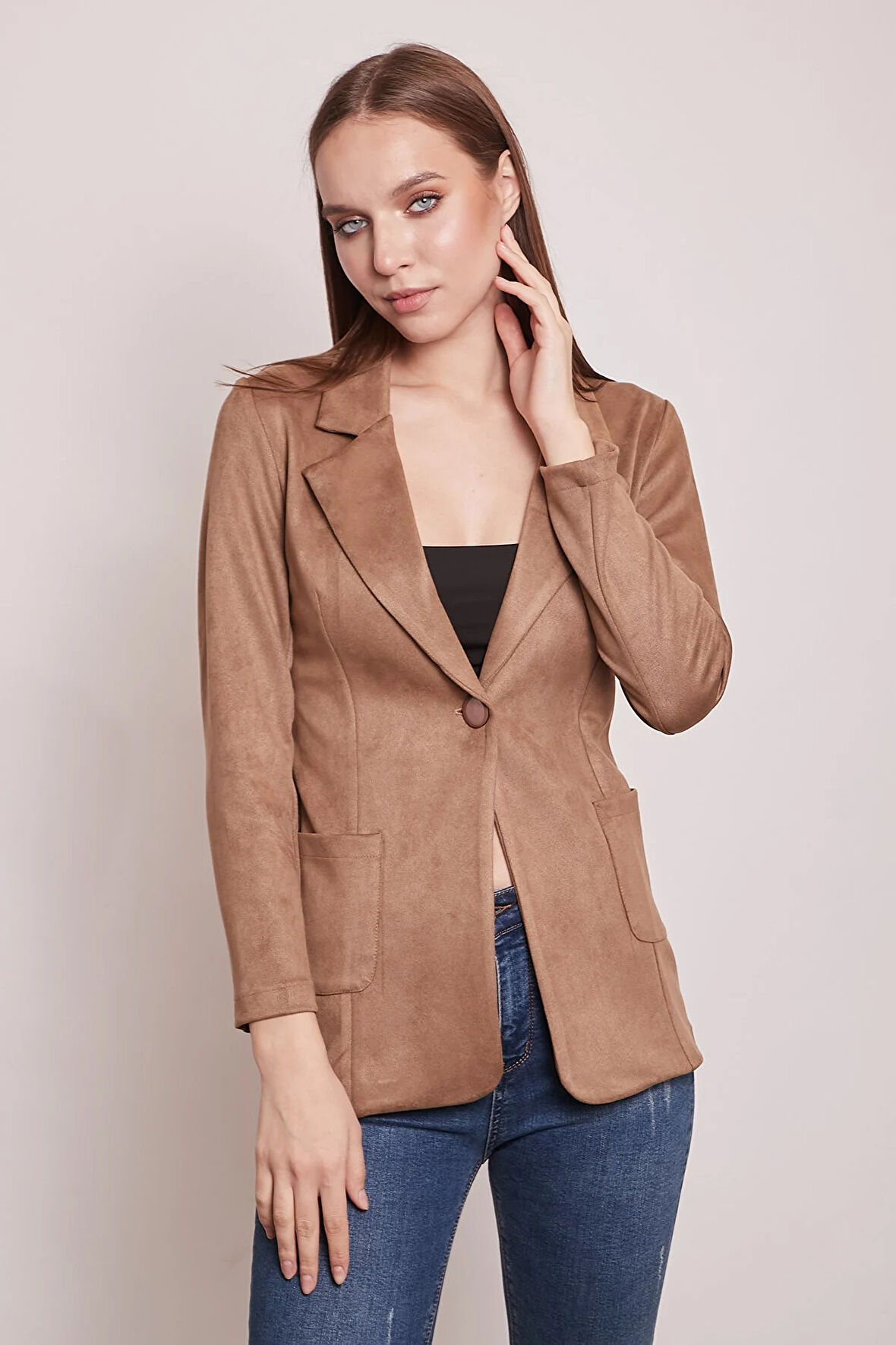Süet Kumaş Cep Detaylı Düğmeli Şık Blazer Ceket-Camel