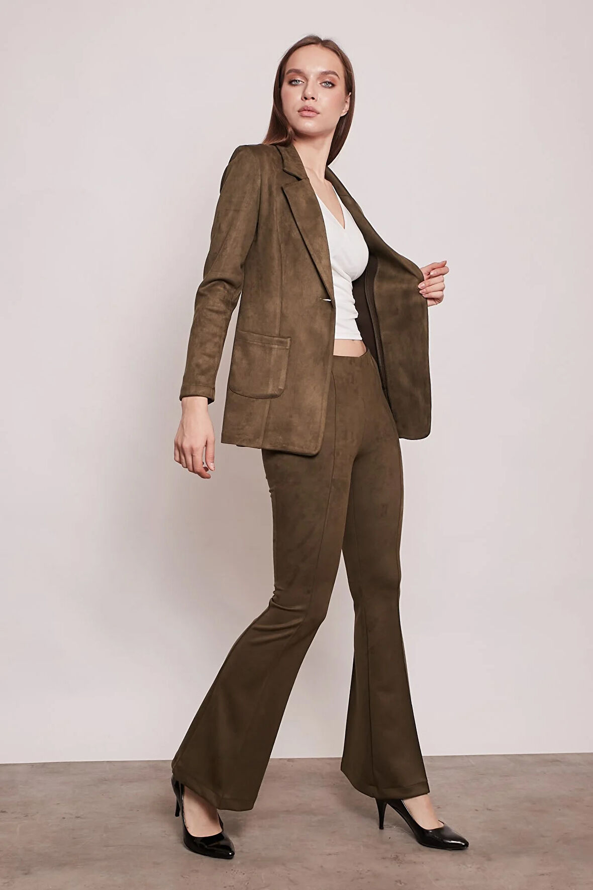 Süet Kumaş Cep Detaylı Düğmeli Şık Blazer Ceket-Haki