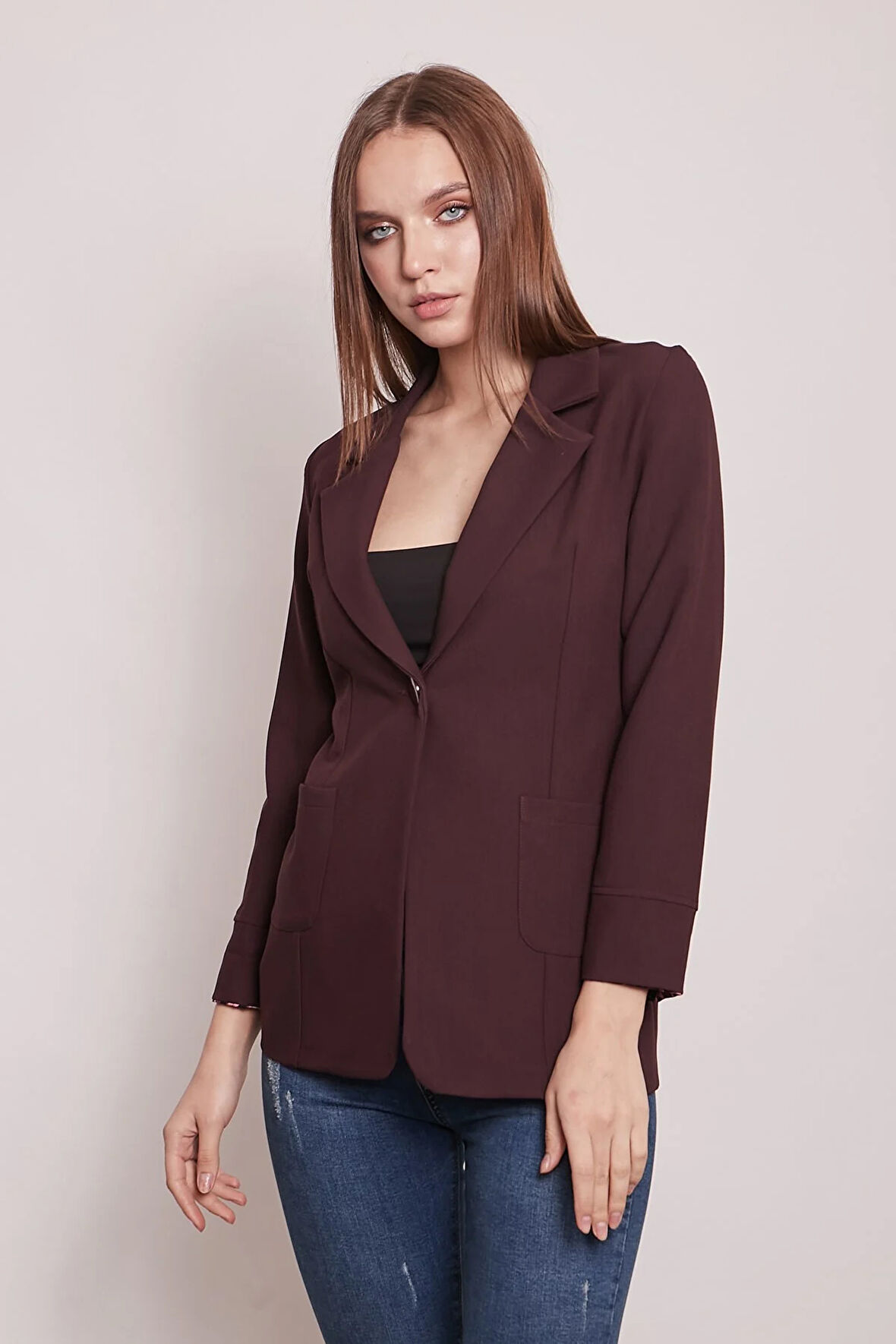 Yakalı Cepli Uzun Kol Katlamalı Blazer Kumaş Ceket-Mürdüm