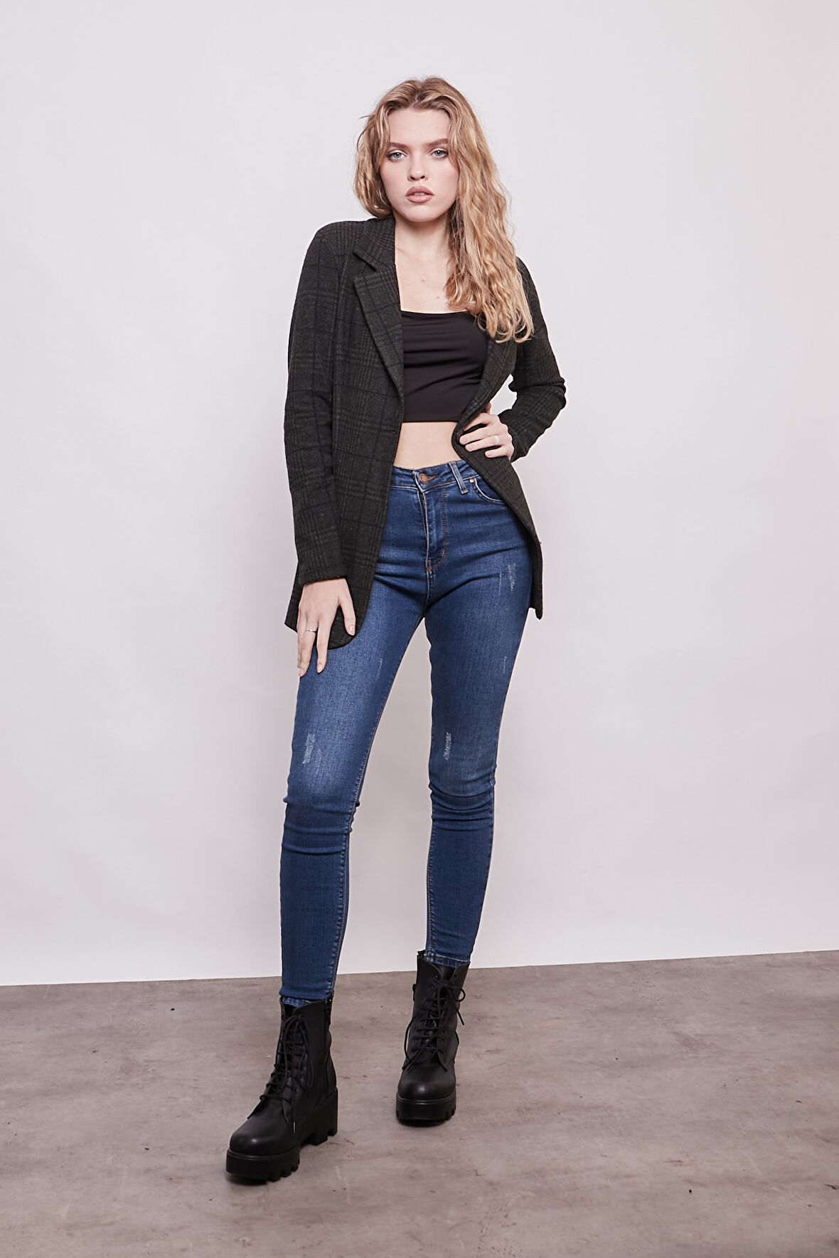 Ekose Desenli Yakalı Uzun Kol Tek Düğme Yünlü Kumaş Blazer Ceket-Haki Desen