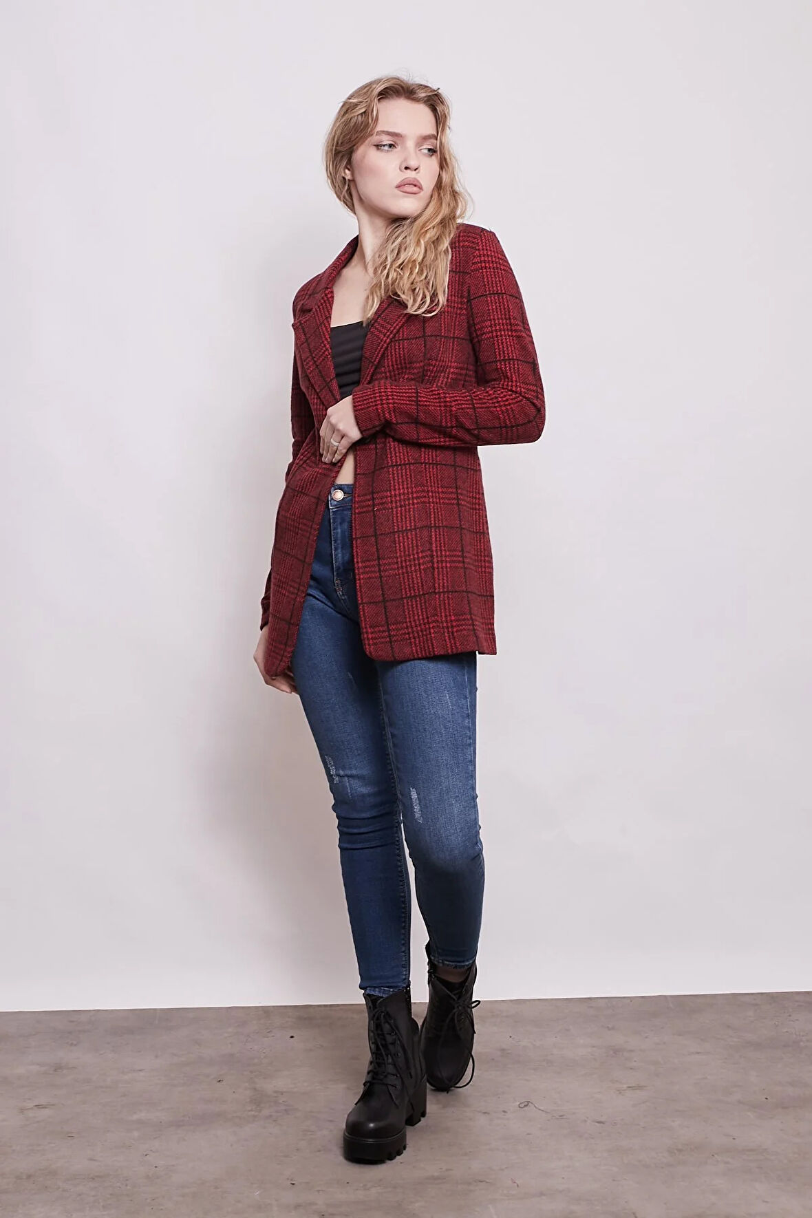 Ekose Desenli Yakalı Uzun Kol Tek Düğme Yünlü Kumaş Blazer Ceket-Bordo Ekose 