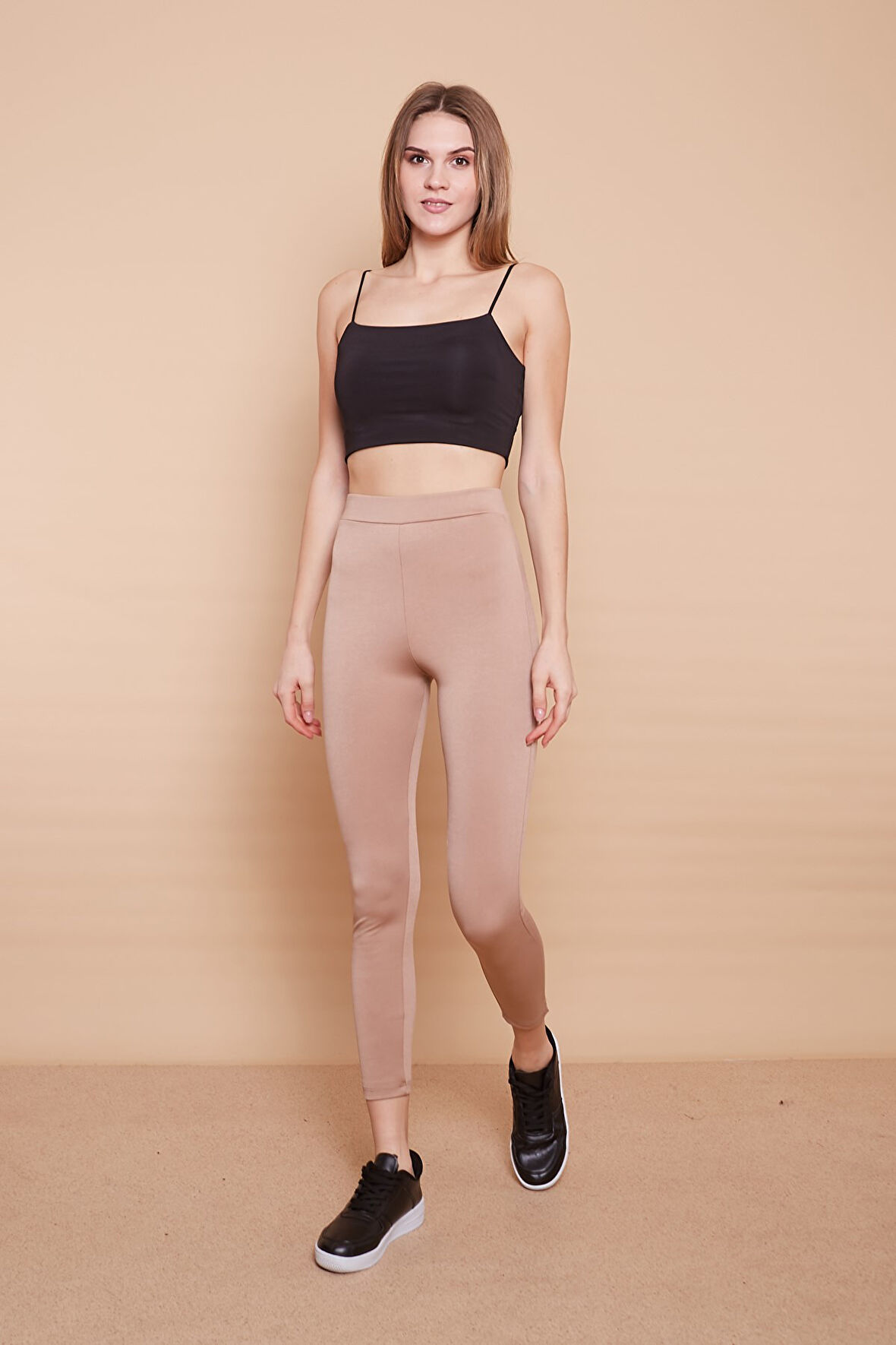 Kalın Çelik Kumaş Yüksek Bel Tayt-Camel