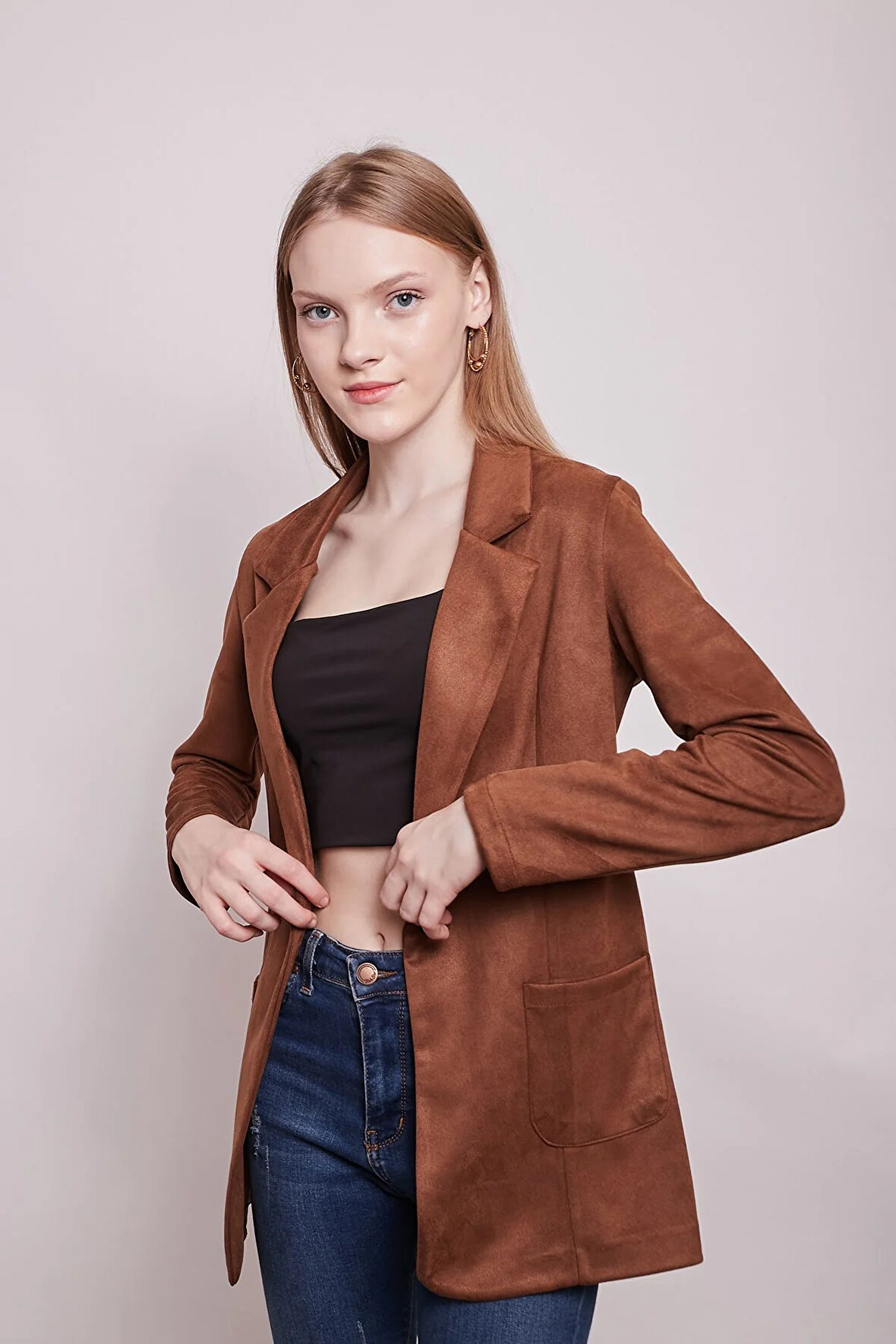 Süet Kumaş Cep Detaylı Düğmeli Şık Blazer Ceket-Taba