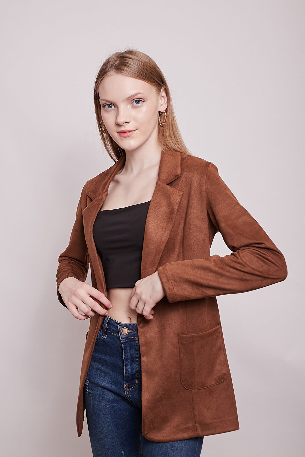 Süet Kumaş Cep Detaylı Düğmeli Şık Blazer Ceket-Taba