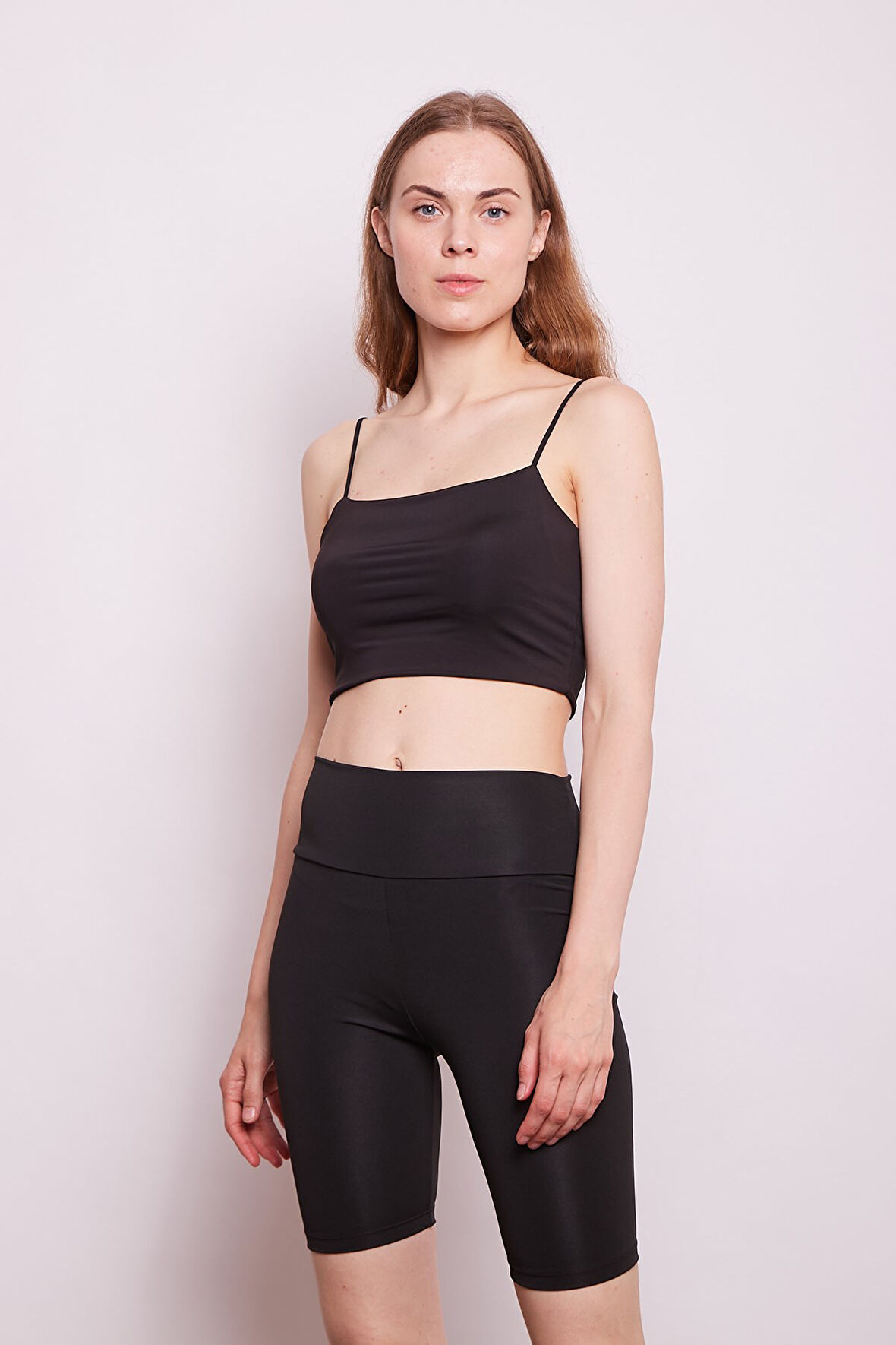 Yüksek Bel Dalgıç Kumaş Biker Şort Toparlayıcı Spor Tayt-Siyah