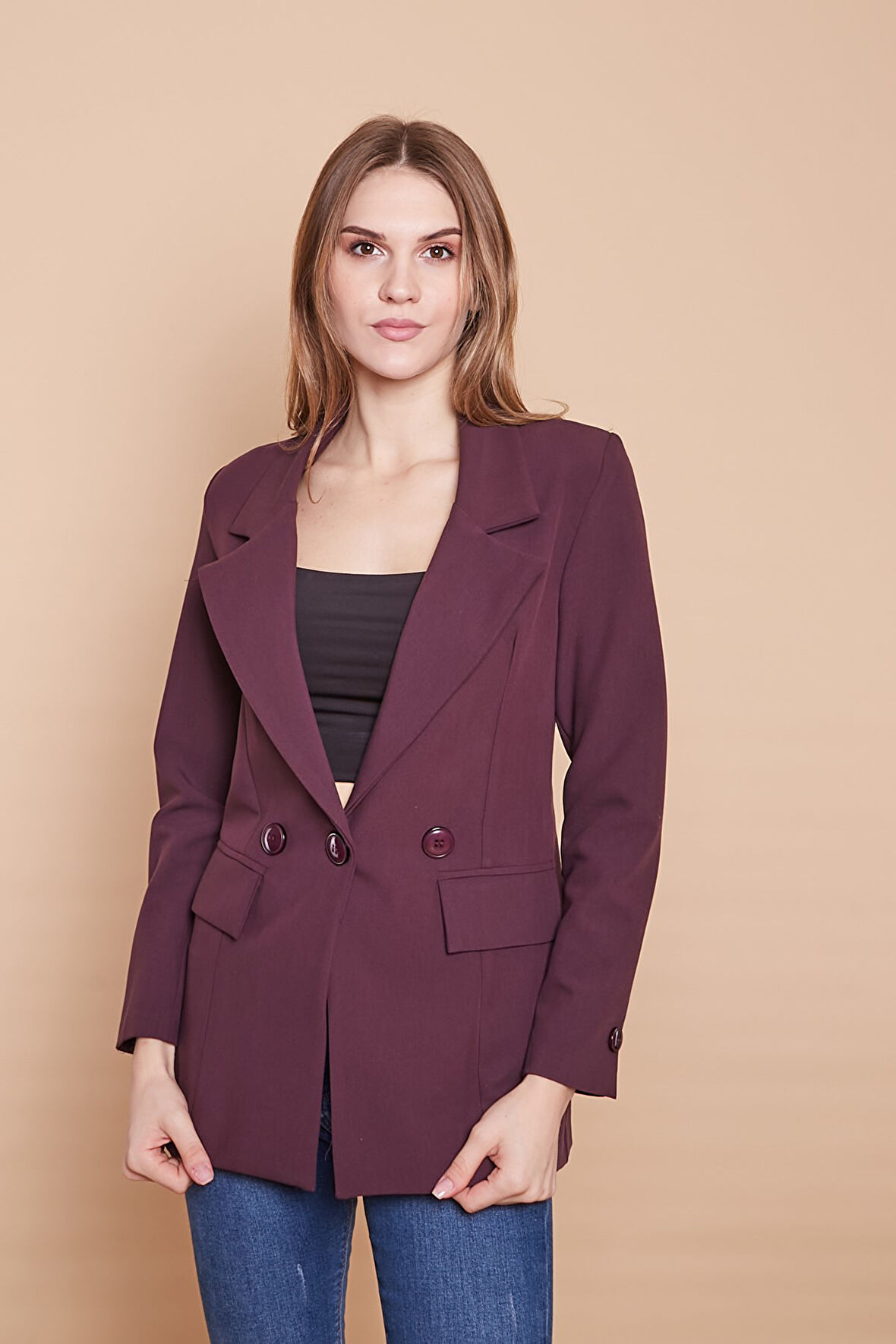 Yakalı Cep Kapaklı Kolları Düğmeli Uzun Kol Blazer Uzun Düğmeli Kumaş Ceket-Mürdüm