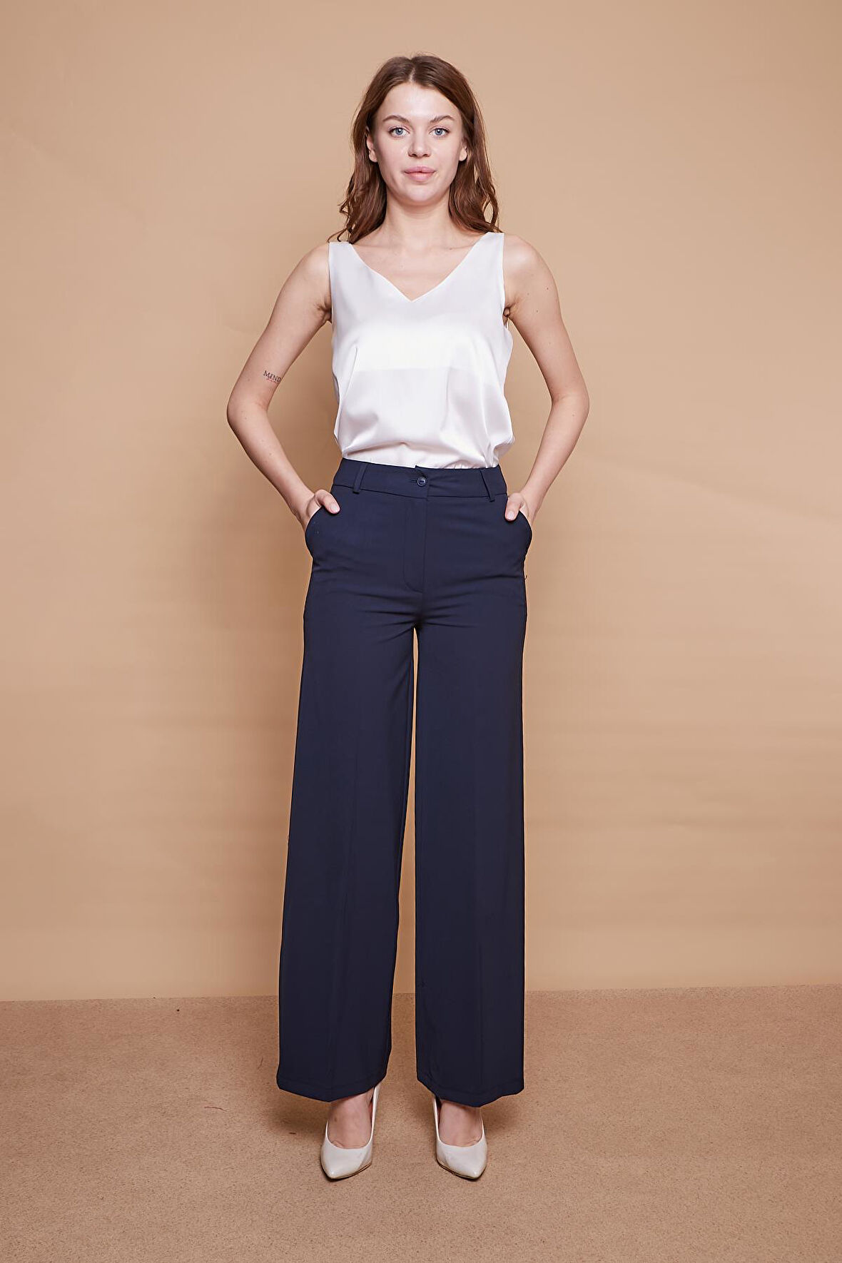 Yüksek Bel Yan Cepli Bol Paça Palazzo Pantolon -Lacivert  