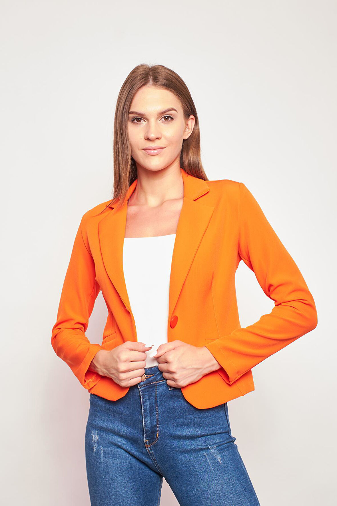 Yakalı Flato Cepli Uzun Kol Pamuklu Kumaş Hafif Likralı Kısa Blazer Ofis Ceket-Oranj
