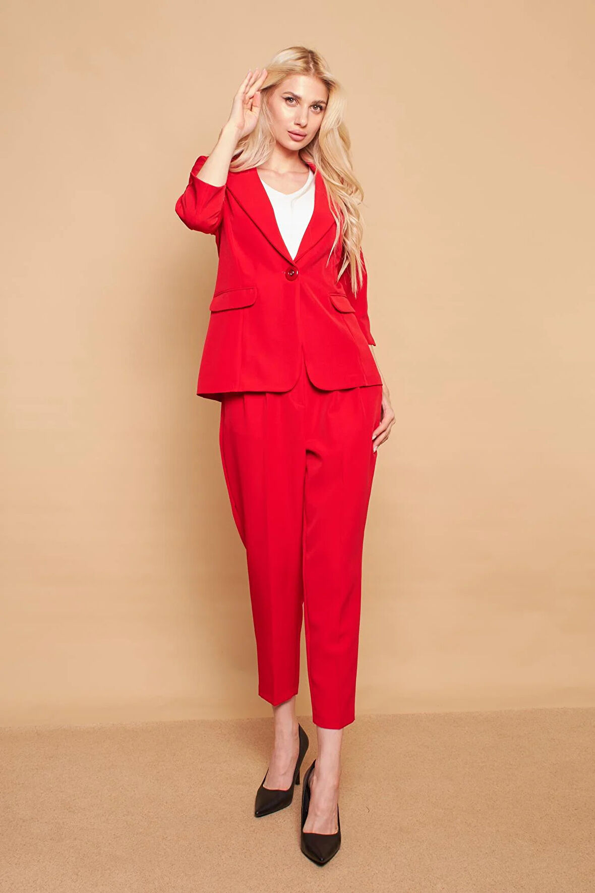 Yüksek Bel Pileli Cepli Boyfriend Hafif Likralı Kumaş Pantolon-Kırmızı