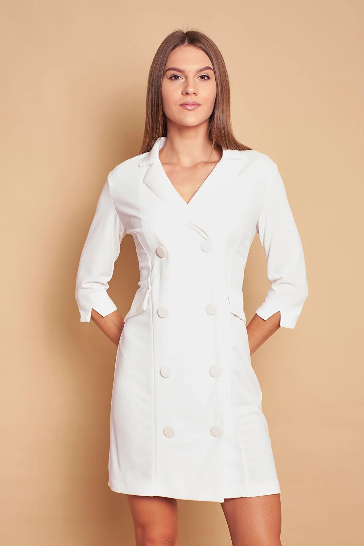 Yakalı Sırt Dekolteli Anvelop Likralı Kumaş Düğmeli Ceket Elbise-Krem