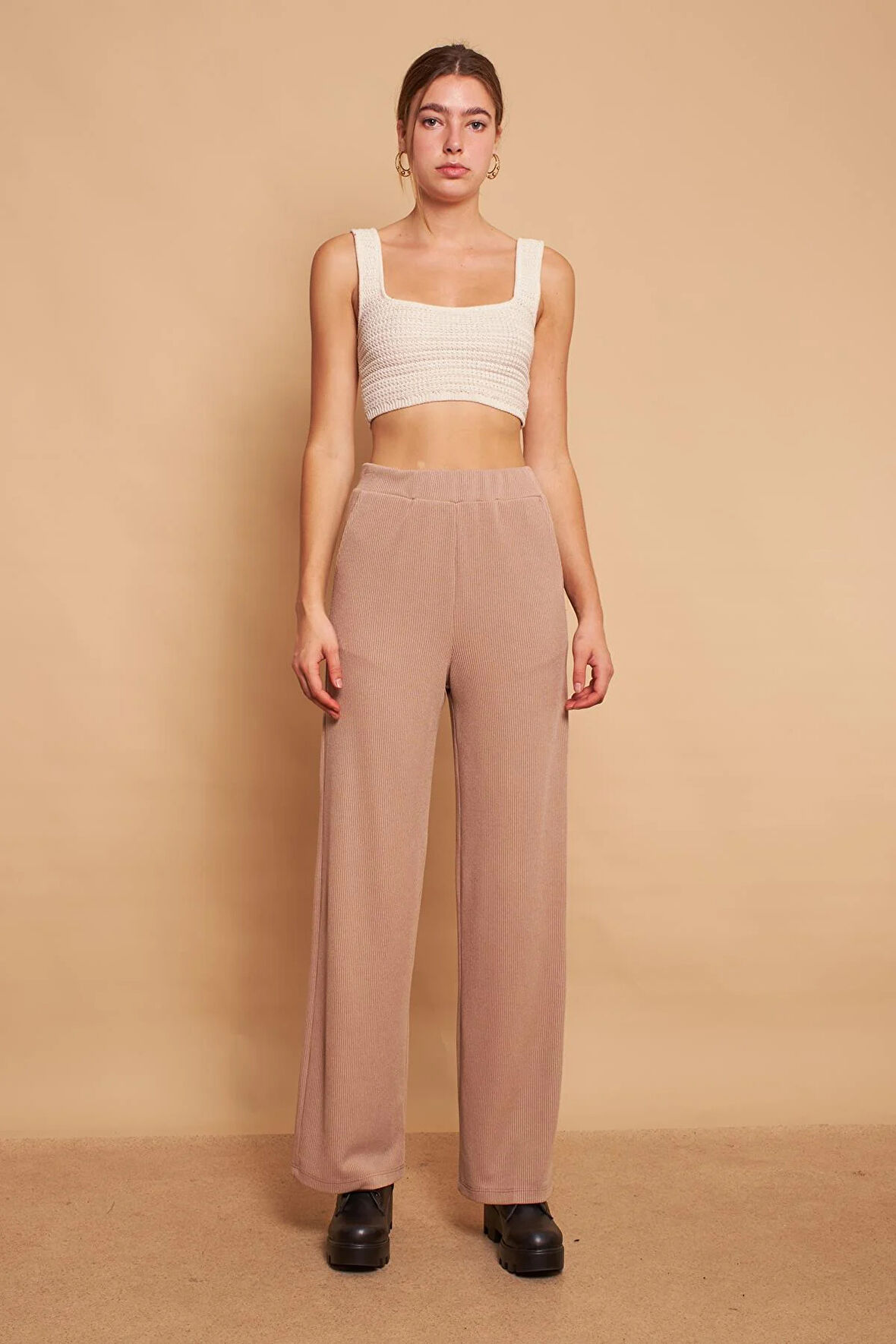 Yüksek Bel Yan Cepli Yürüyüş Triko Pantolon-Koyu Bej 