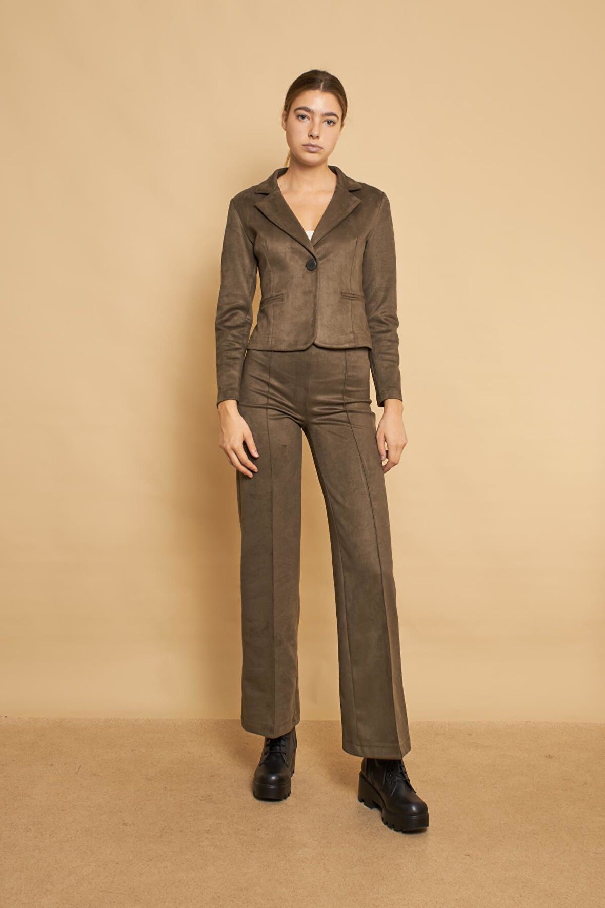 Palazzo Yüksek Bel Ön Dikişli Bol Paça Hafif Likralı Süet Kumaş Pantolon-Haki