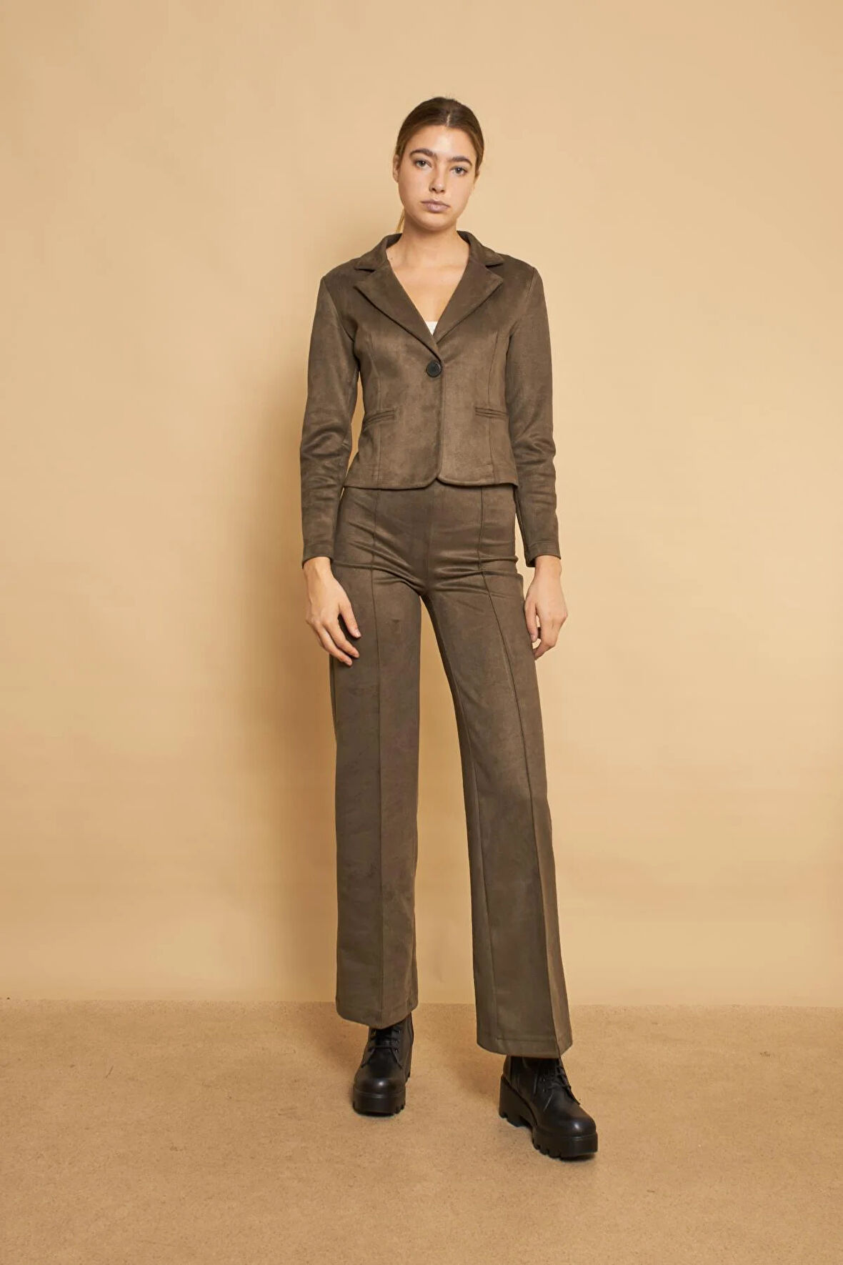 Palazzo Yüksek Bel Ön Dikişli Bol Paça Hafif Likralı Süet Kumaş Pantolon-Haki