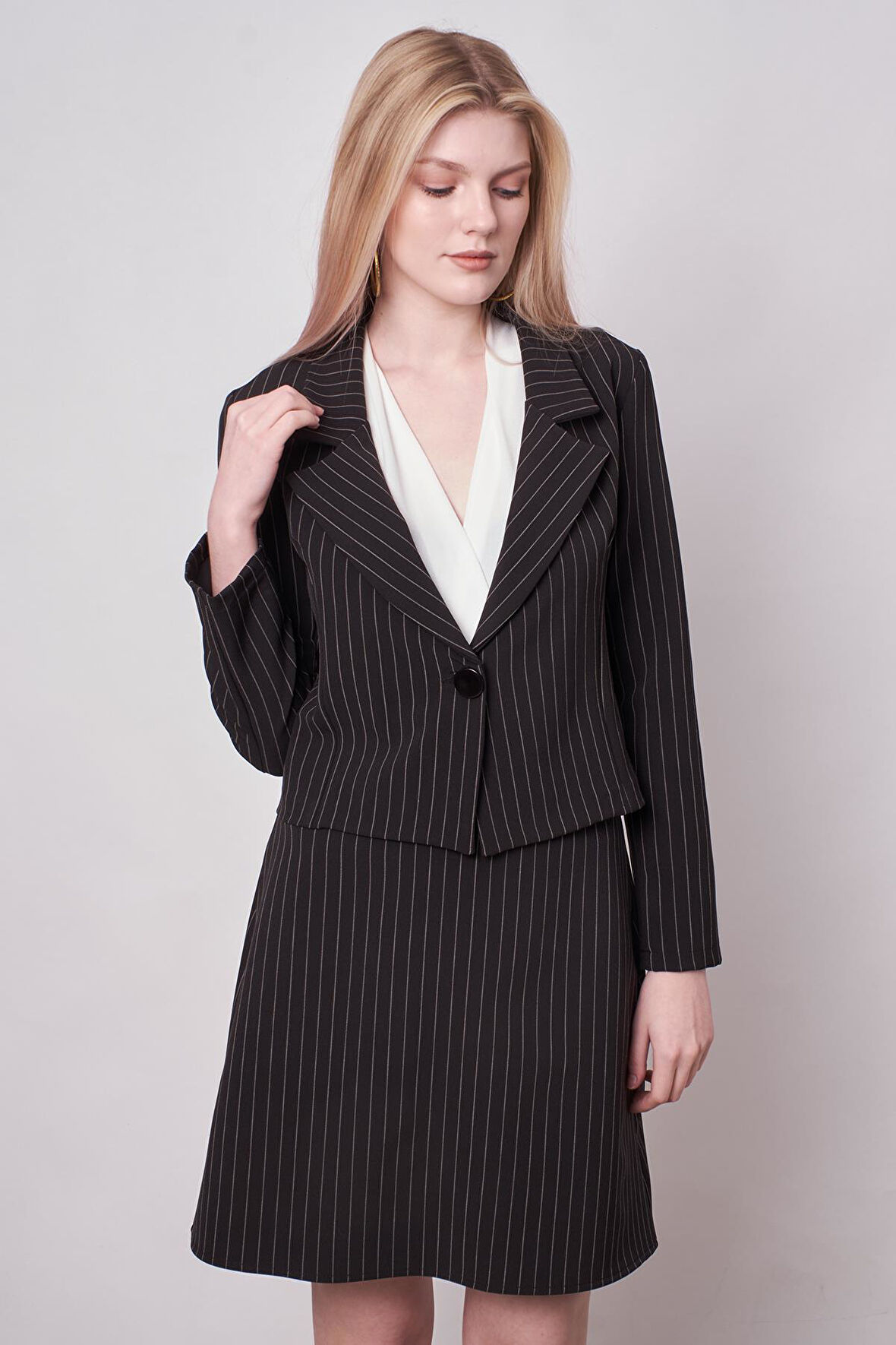 Kadın Hafif Likralı Kumaş Çizgili Yüksek Bel Çan Etek-Siyah Çizgi