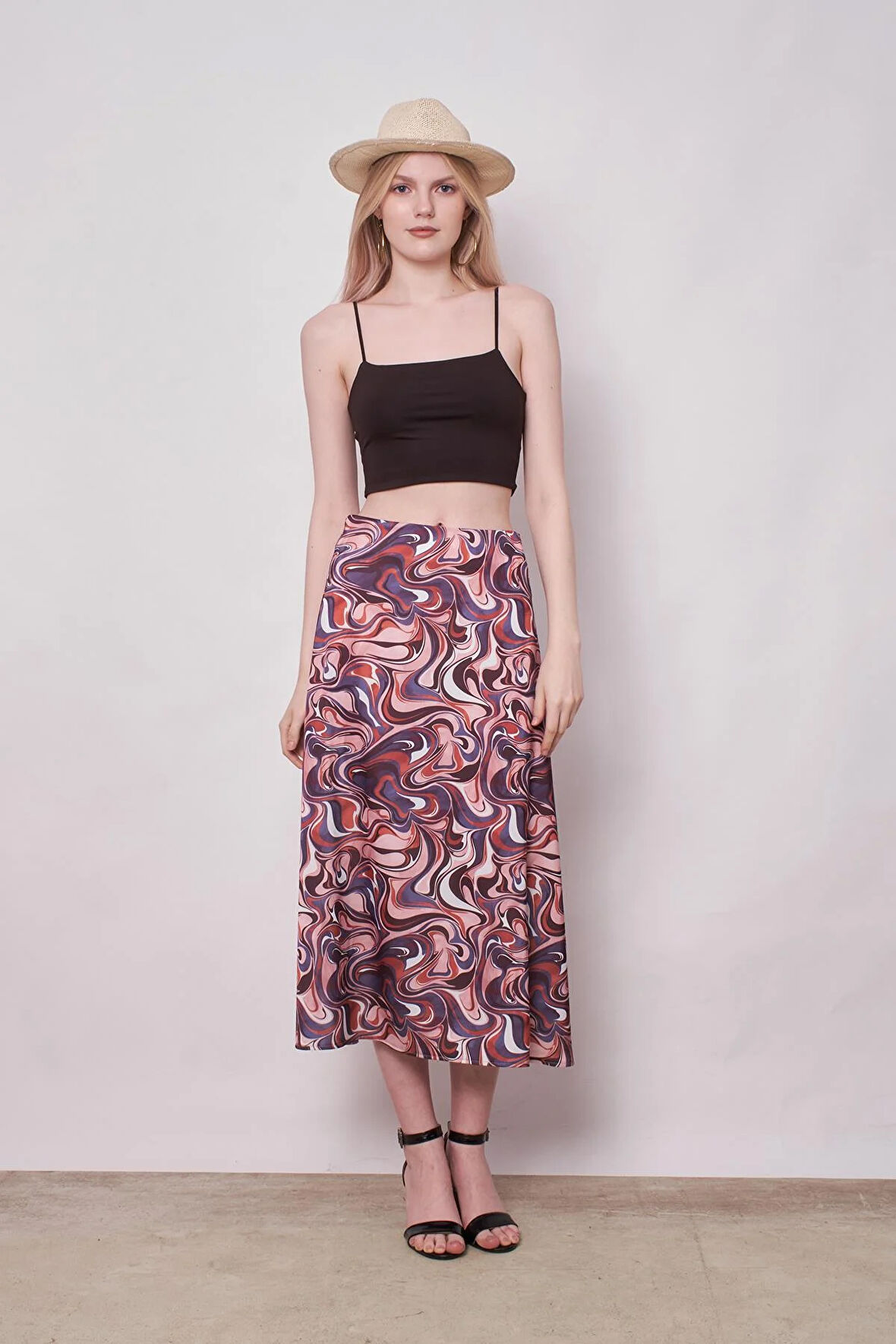 Kadın Desenli Likrasız Saten Kumaş Yüksek Bel Uzun Çan Etek-Mor Desen