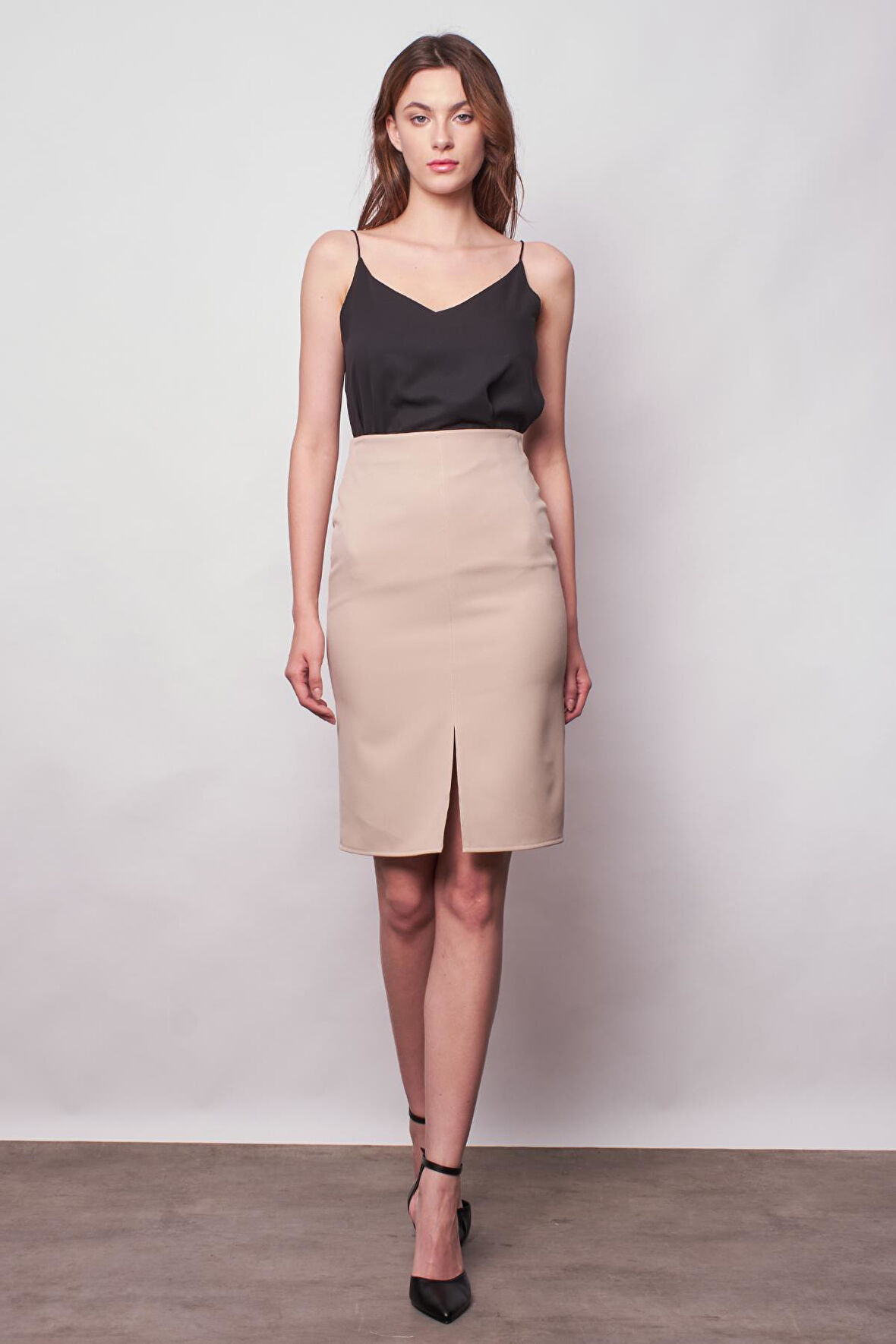 Kadın Yüksek Bel Önden Yırtmaçlı Hafif Likralı Şık Kumaş Diz Altı Ofis Kalem Etek-Taş