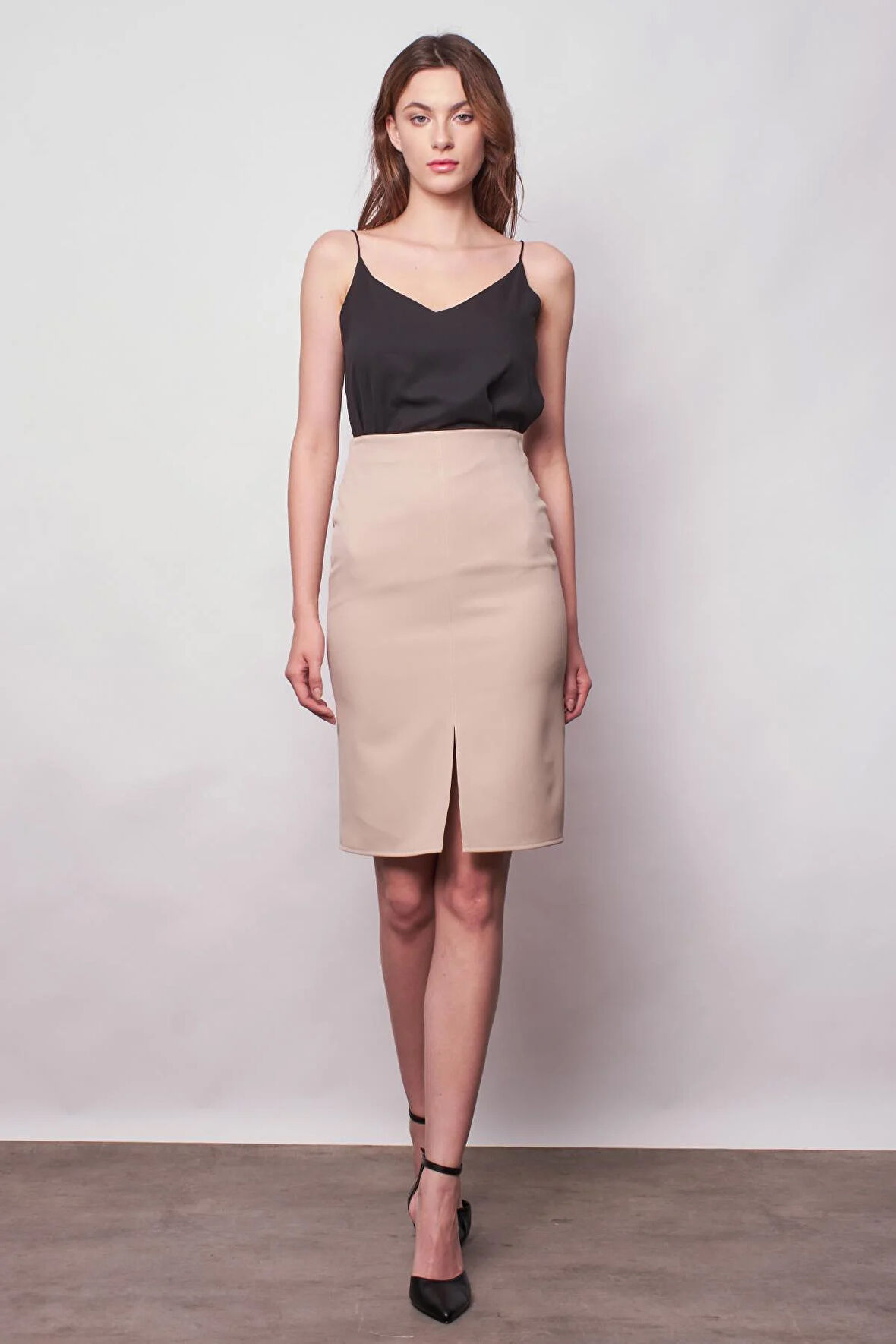 Kadın Yüksek Bel Önden Yırtmaçlı Hafif Likralı Şık Kumaş Diz Altı Ofis Kalem Etek-Taş