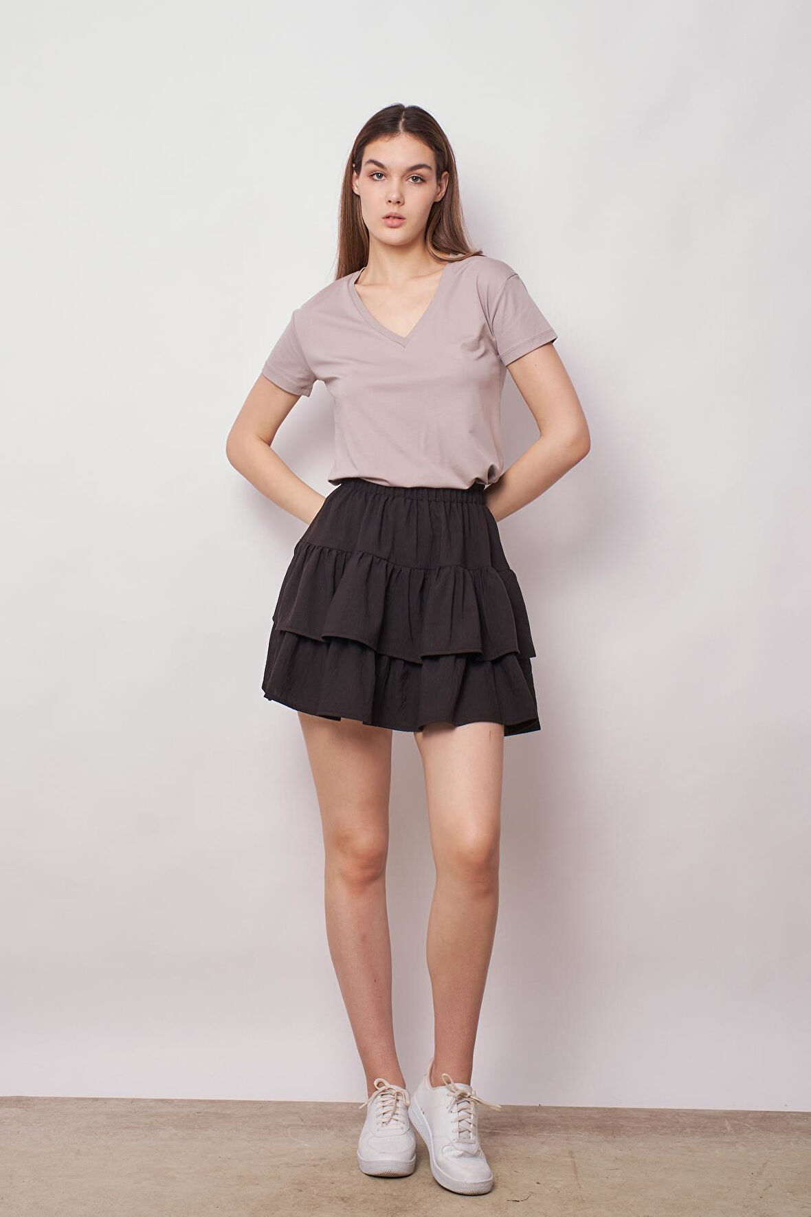 Kadın Yüksek Bel Çift Fırfırlı Etek -Siyah 